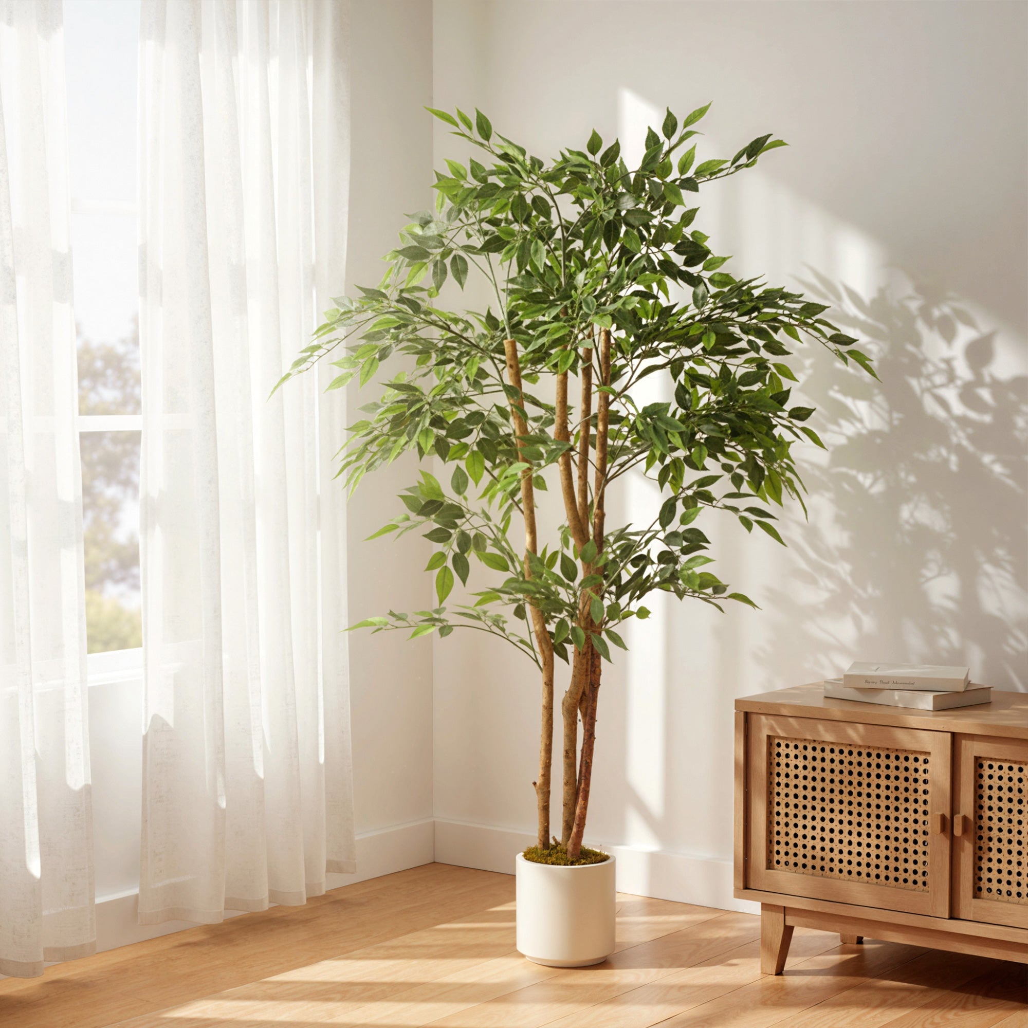 150 cm Artificial Banyan Tree for Indoor Use, Faux Greenery in Plastic Planter with Solid Wood Trunk — Home, Office, Living Room, Bedroom Decor
