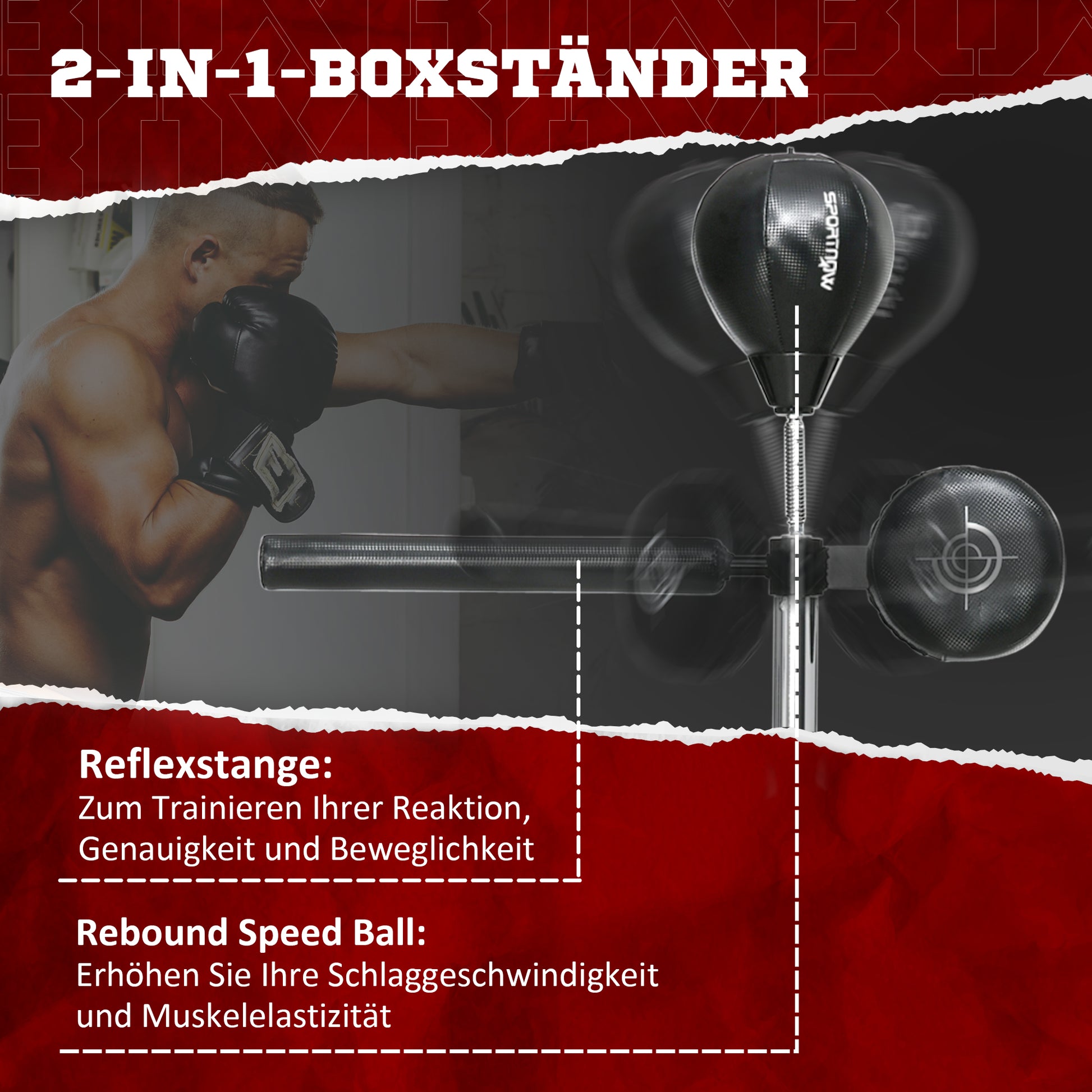 SPORTNOW Punching Bag, Boxing Stand with Punching Ball, Reflex Bar, 1.63-2.05m Height Adjustable Stand Box Ball with Mitt, Stand Boxing Trainer for Boxing, HDPE, Synthetic Leather