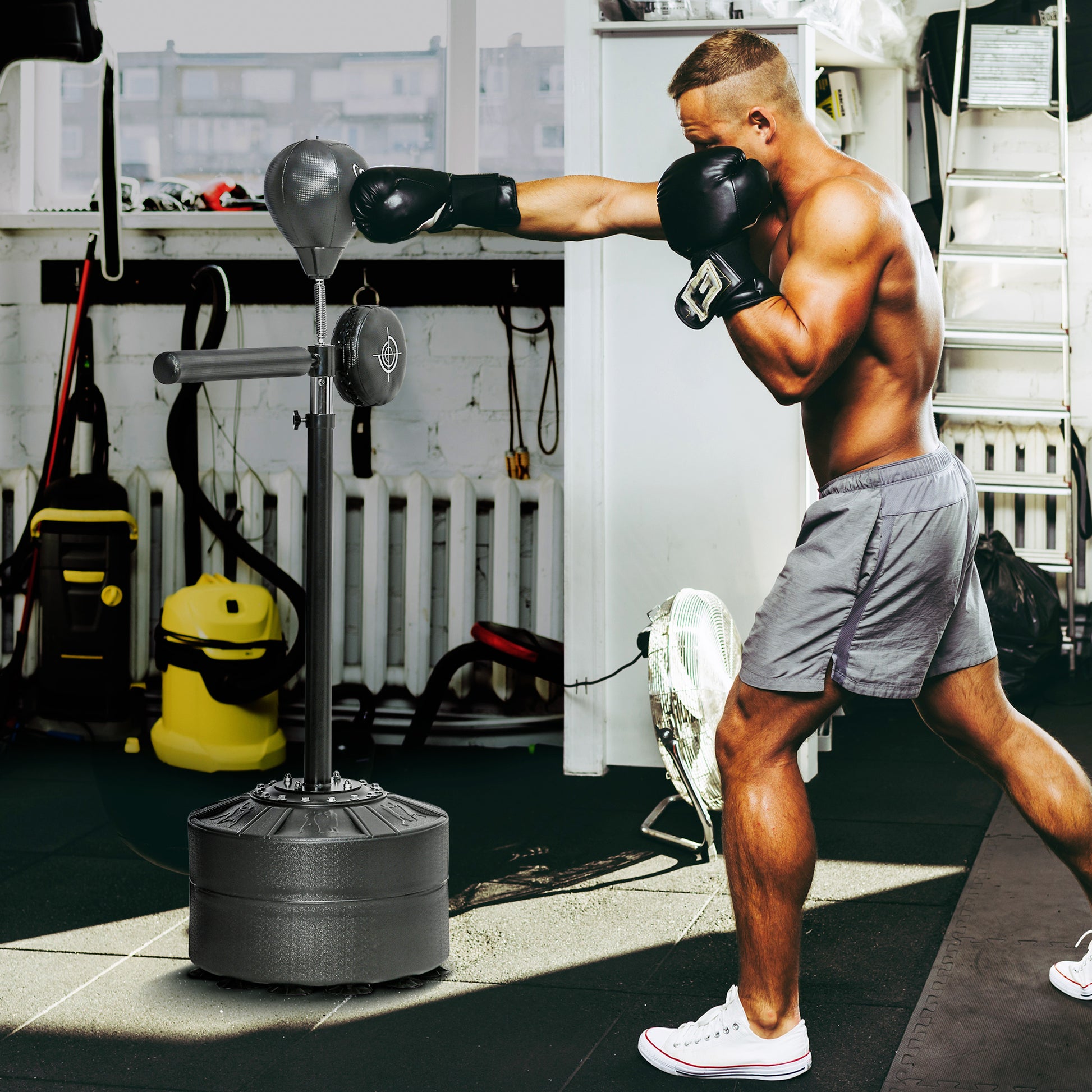 SPORTNOW Punching Bag, Boxing Stand with Punching Ball, Reflex Bar, 1.63-2.05m Height Adjustable Stand Box Ball with Mitt, Stand Boxing Trainer for Boxing, HDPE, Synthetic Leather