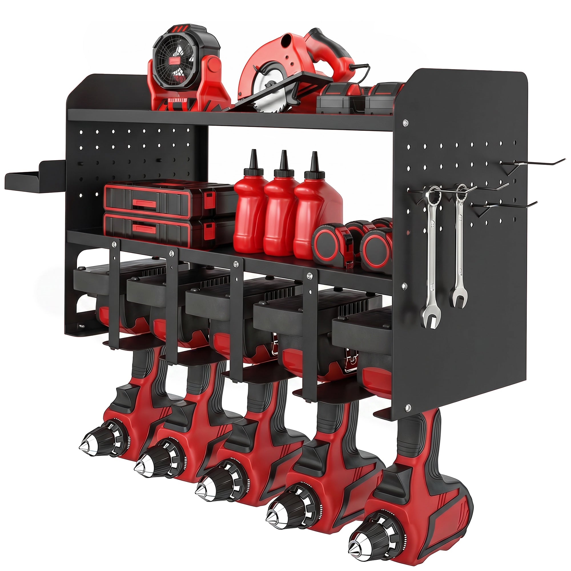 2-Tier Garden Tool Organizer — Wall-Mounted Rack with Hooks & Side Tray, Multi-Purpose Broom Holder for Garage & Shed, Holds up to 110 lb, 24.3 x 9.1 x 12.9 in, Black