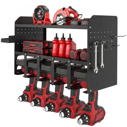 2-Tier Garden Tool Organizer — Wall-Mounted Rack with Hooks & Side Tray, Multi-Purpose Broom Holder for Garage & Shed, Holds up to 110 lb, 24.3 x 9.1 x 12.9 in, Black