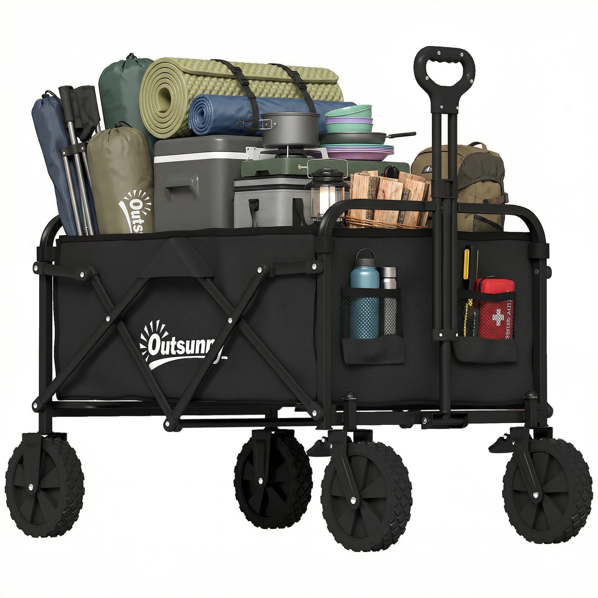 Folding Beach Wagon with Locking Large Wheels, Adjustable Handle, Cup Holder, Metal Frame — 176 lb Capacity, Black