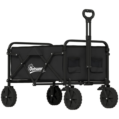 Folding Beach Wagon with Locking Large Wheels, Adjustable Handle, Cup Holder, Metal Frame — 176 lb Capacity, Black