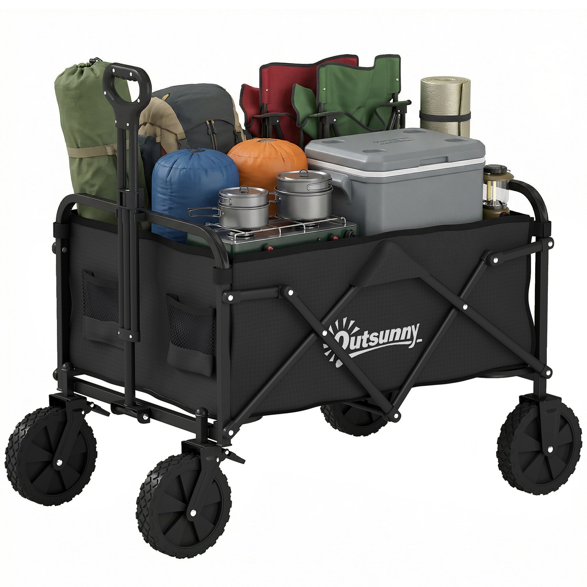 Folding Beach Wagon with Locking Large Wheels, Adjustable Handle, Cup Holder, Metal Frame — 176 lb Capacity, Black
