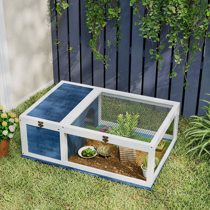 Tortoise House with Modular Space - 2-Zone Habitat, Hinged Roof & Sliding Tray - Indoor/Outdoor Wooden Enclosure for Reptiles, 35.8 x 23.8 x 12.6 in (91 x 60.5 x 32 cm) - Blue