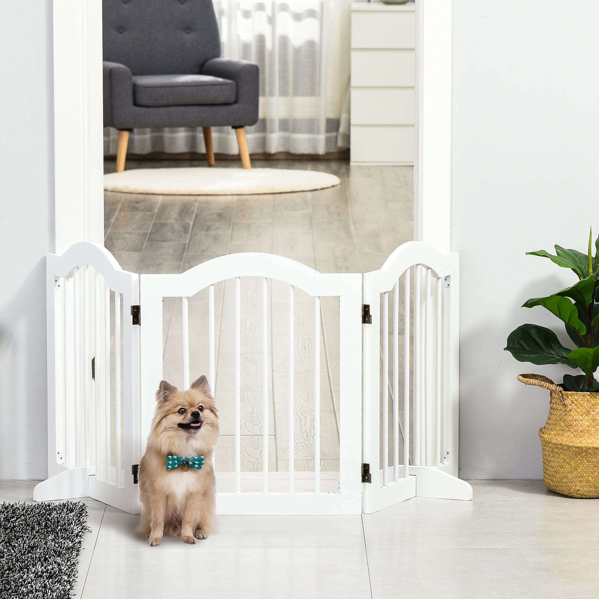 Dog Barrier 3-Panel, 154.5 x 61 cm Foldable Gate with Door, Door Guard with 2 Support Feet, Freestanding Stair Gate for Kitchen, Hallway, White
