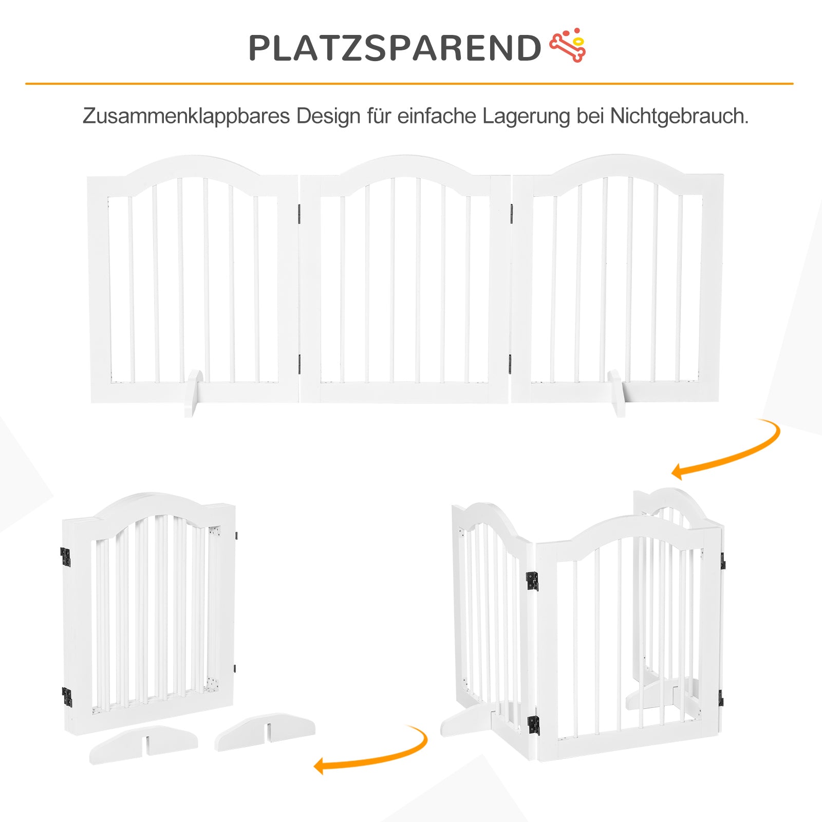 Dog Barrier 3-Panel, 154.5 x 61 cm Foldable Gate with Door, Door Guard with 2 Support Feet, Freestanding Stair Gate for Kitchen, Hallway, White