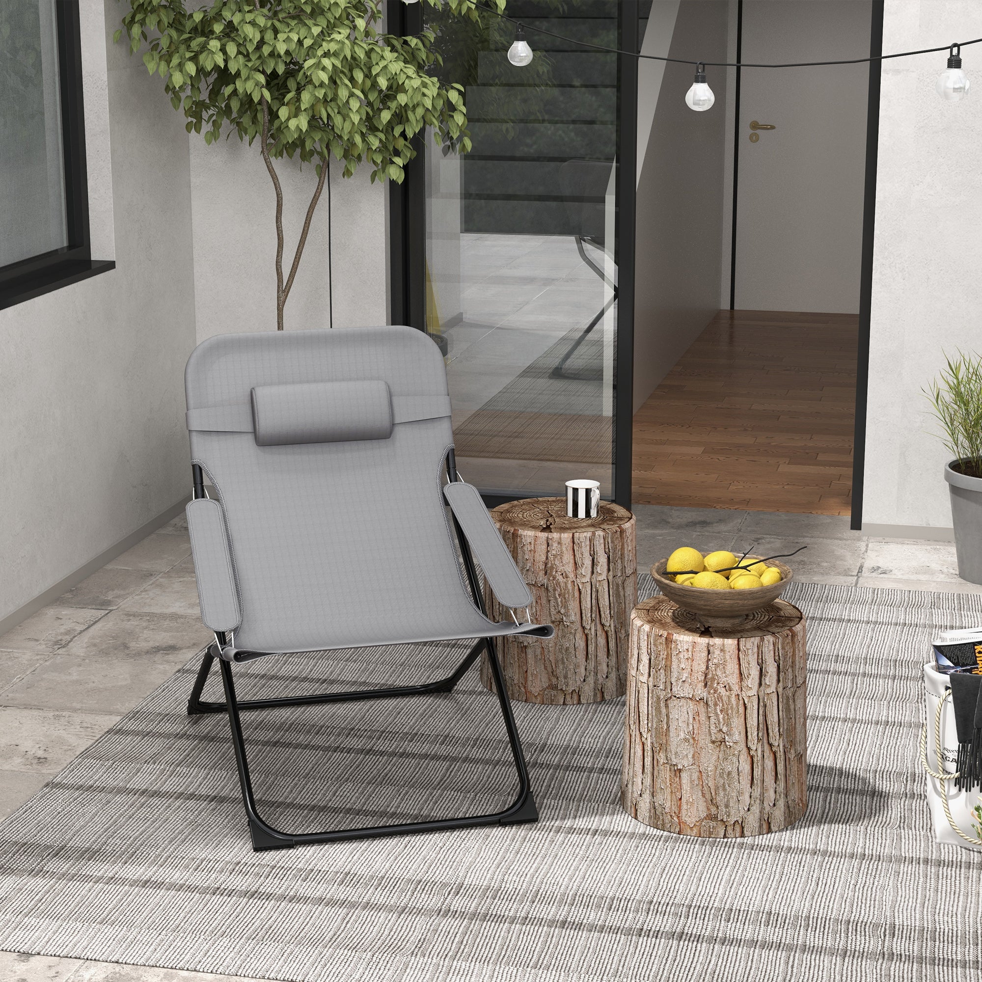 Reclining Garden Chair on 4 Levels with Headrest and Armrests, Folding Metal and Polyester Chair of 120kg max, 69x91x96 cm, Black and Gray