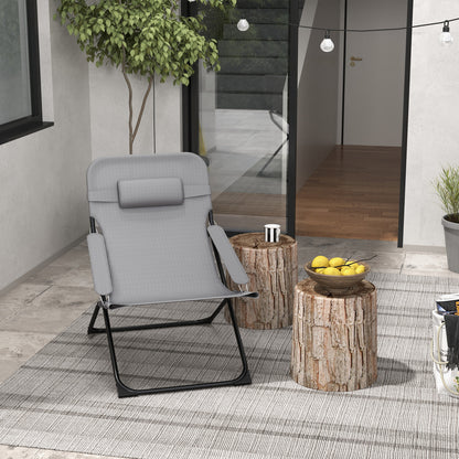 Reclining Garden Chair on 4 Levels with Headrest and Armrests, Folding Metal and Polyester Chair of 120kg max, 69x91x96 cm, Black and Gray