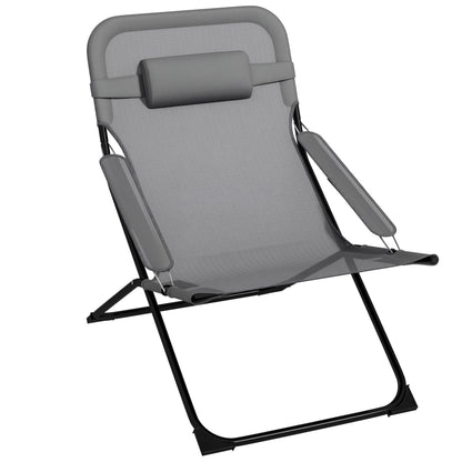 Reclining Garden Chair on 4 Levels with Headrest and Armrests, Folding Metal and Polyester Chair of 120kg max, 69x91x96 cm, Black and Gray