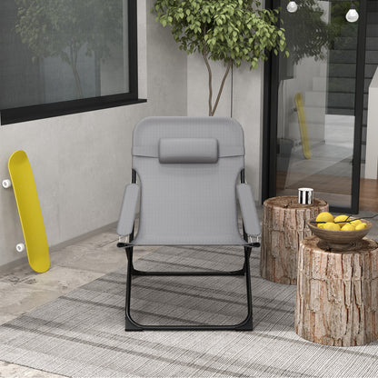Reclining Garden Chair on 4 Levels with Headrest and Armrests, Folding Metal and Polyester Chair of 120kg max, 69x91x96 cm, Black and Gray