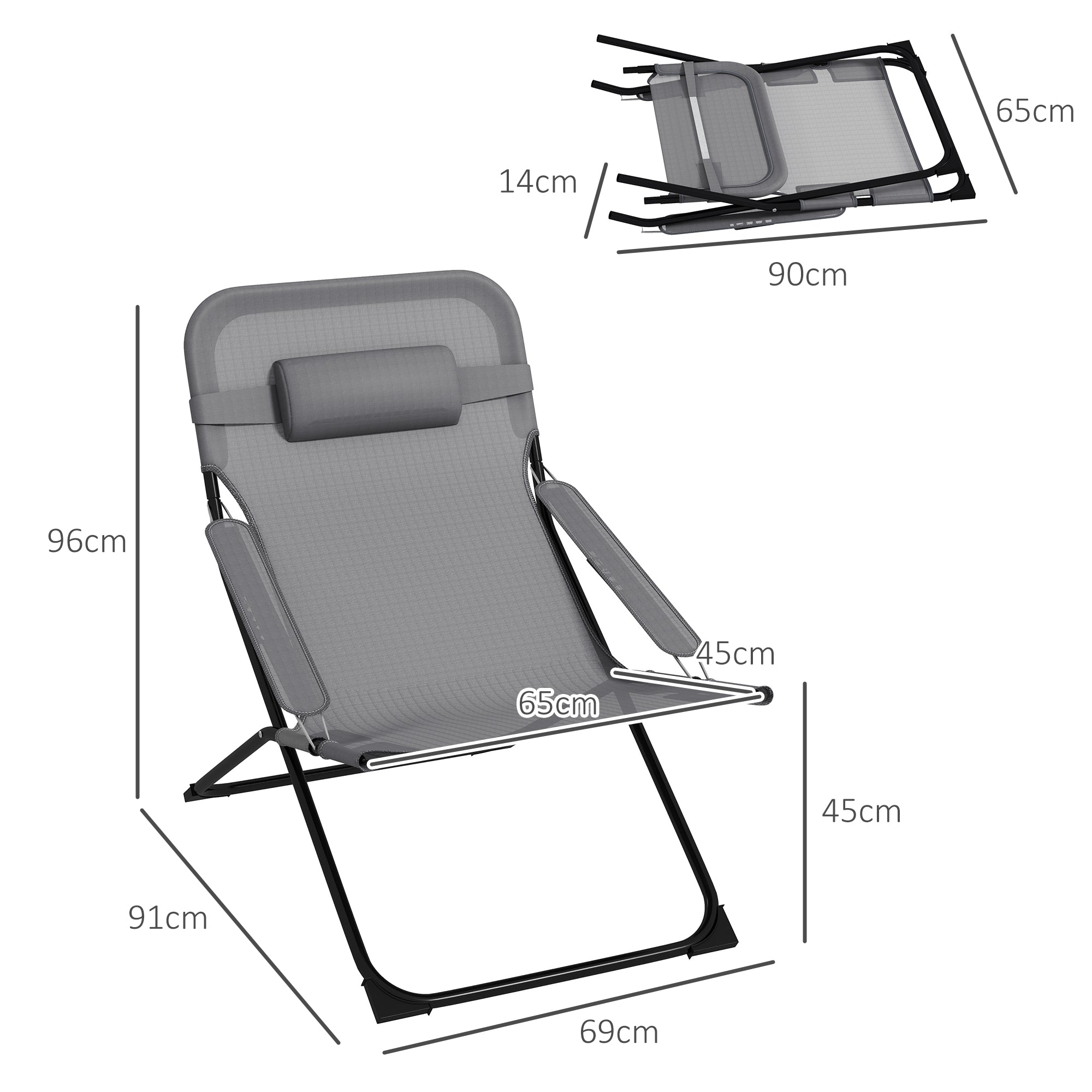 Reclining Garden Chair on 4 Levels with Headrest and Armrests, Folding Metal and Polyester Chair of 120kg max, 69x91x96 cm, Black and Gray