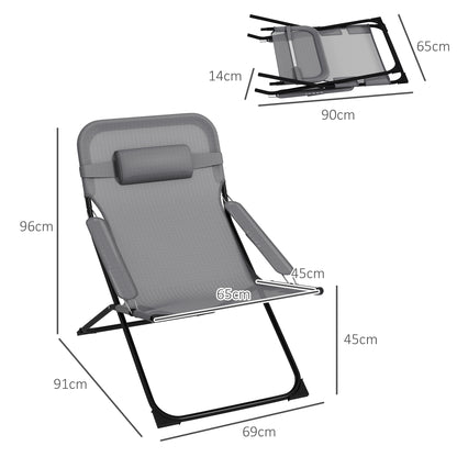 Reclining Garden Chair on 4 Levels with Headrest and Armrests, Folding Metal and Polyester Chair of 120kg max, 69x91x96 cm, Black and Gray