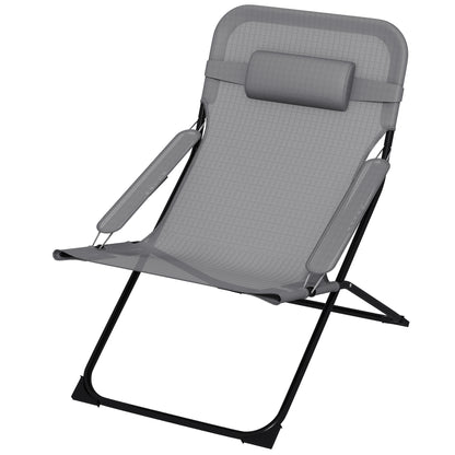 Reclining Garden Chair on 4 Levels with Headrest and Armrests, Folding Metal and Polyester Chair of 120kg max, 69x91x96 cm, Black and Gray