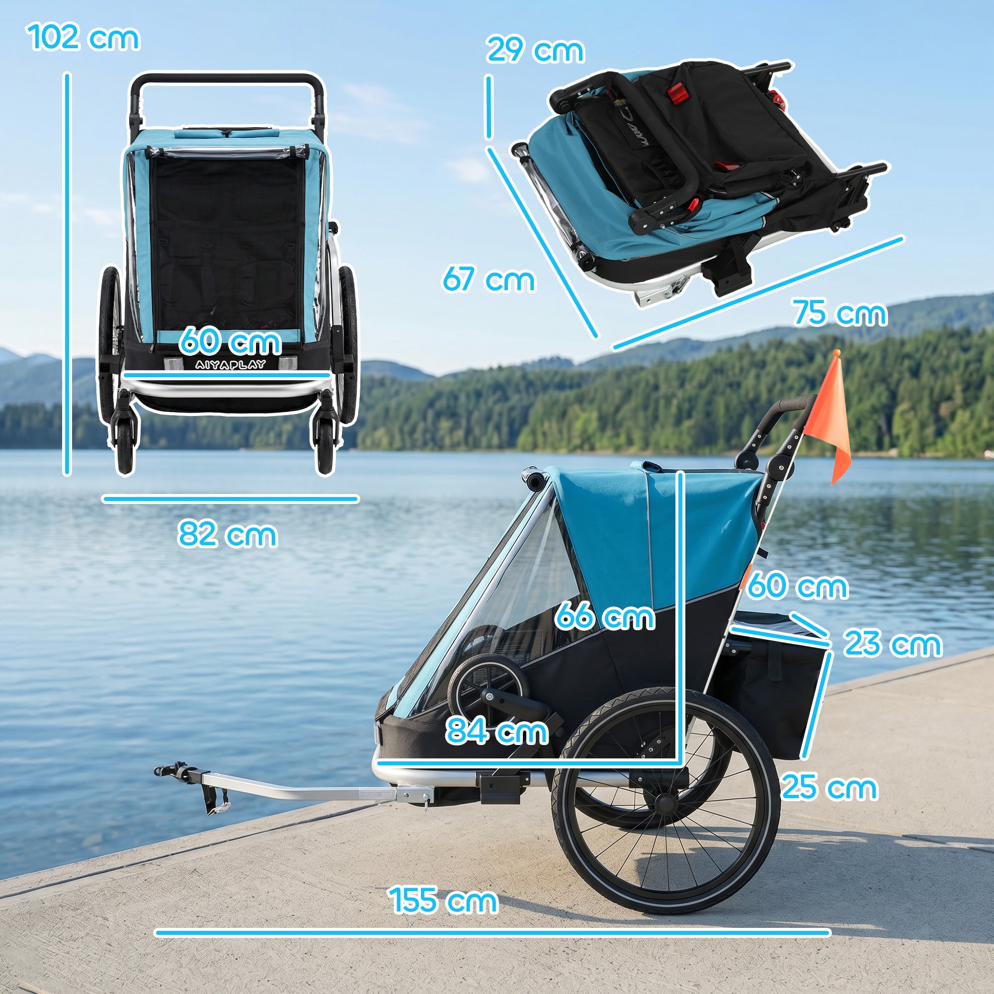 2-in-1 Foldable 2-Seat Bike Trailer & Stroller — 5-Point Harness, Safety Flag, for Children from 12 Months (Max 18 kg / 40 lb)