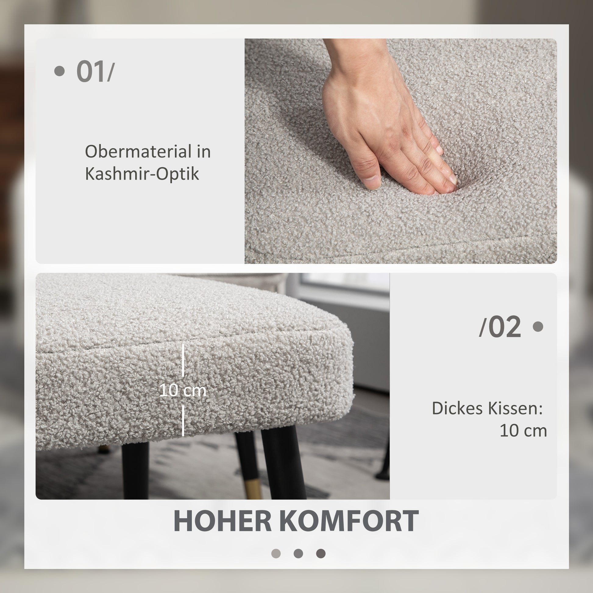 Footstool Sitting Stool Square Vanity Stool Footrest with Cashmere Look, Steel Legs, for Living Room, Bedroom, Light Gray, 42 x 42 x 47 cm
