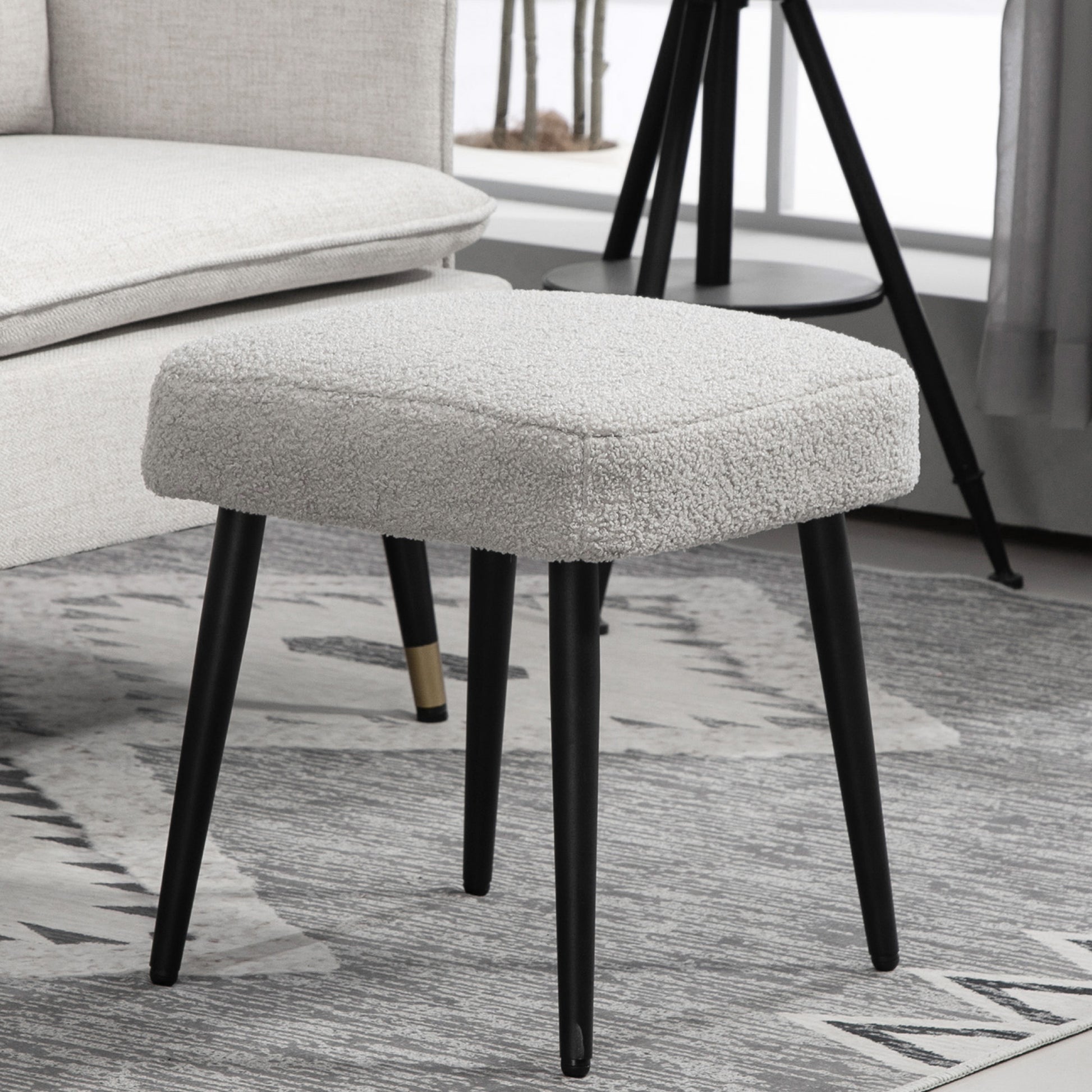 Footstool Sitting Stool Square Vanity Stool Footrest with Cashmere Look, Steel Legs, for Living Room, Bedroom, Light Gray, 42 x 42 x 47 cm