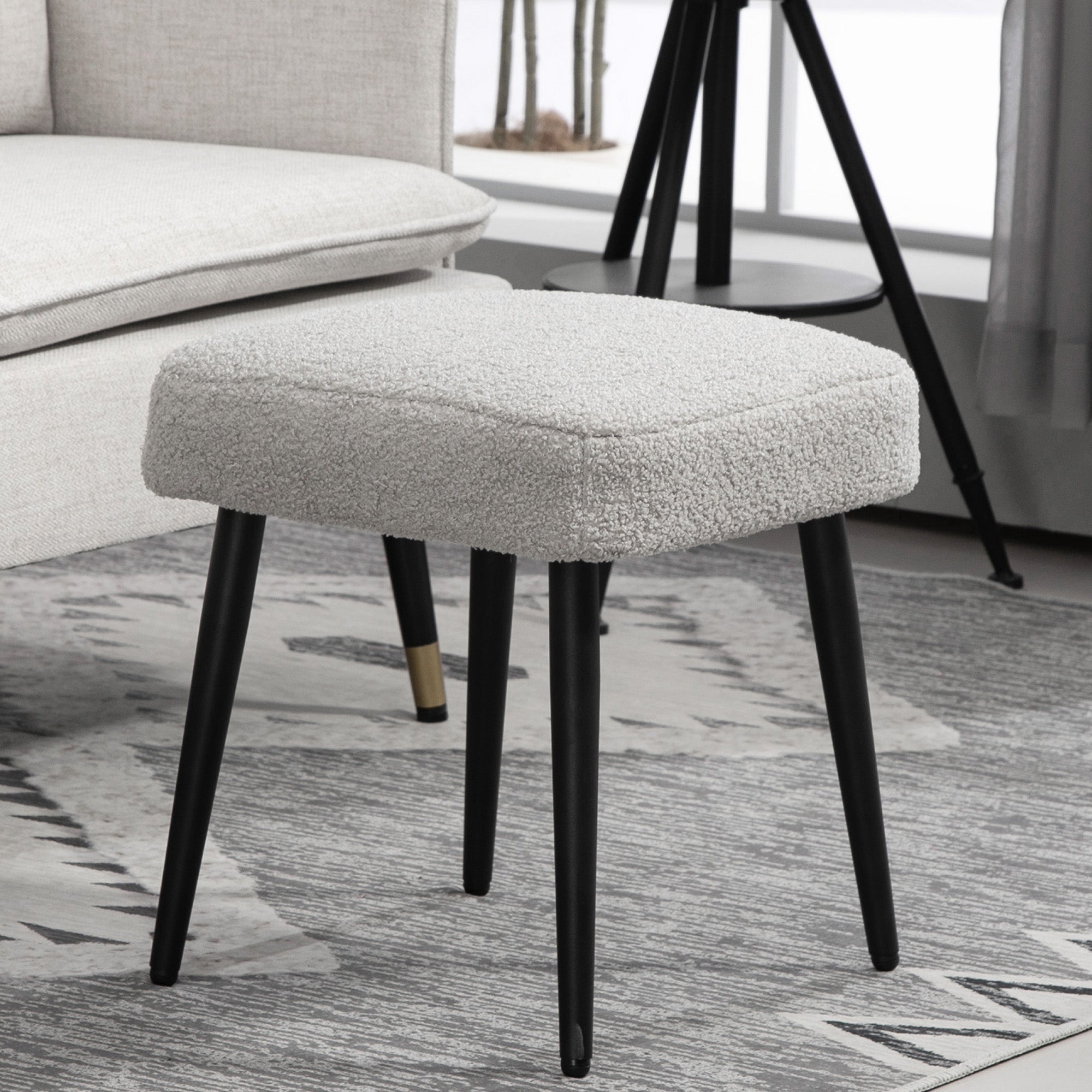 Footstool Sitting Stool Square Vanity Stool Footrest with Cashmere Look, Steel Legs, for Living Room, Bedroom, Light Gray, 42 x 42 x 47 cm