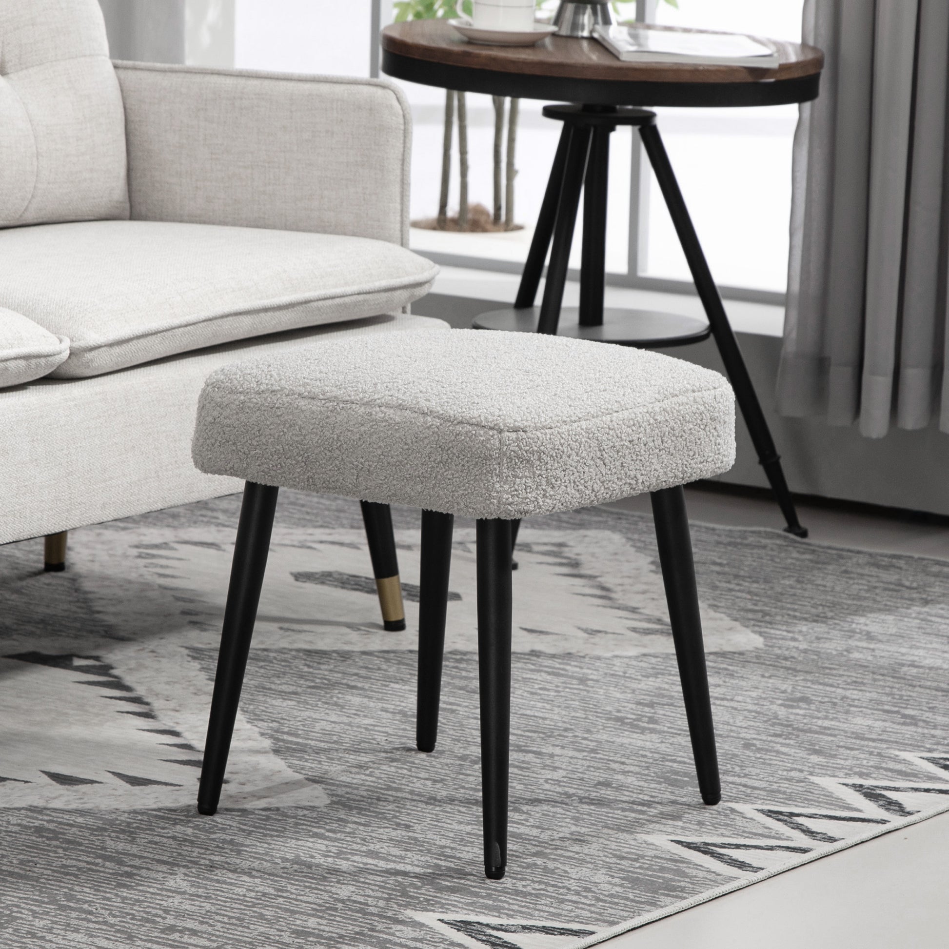 Footstool Sitting Stool Square Vanity Stool Footrest with Cashmere Look, Steel Legs, for Living Room, Bedroom, Light Gray, 42 x 42 x 47 cm