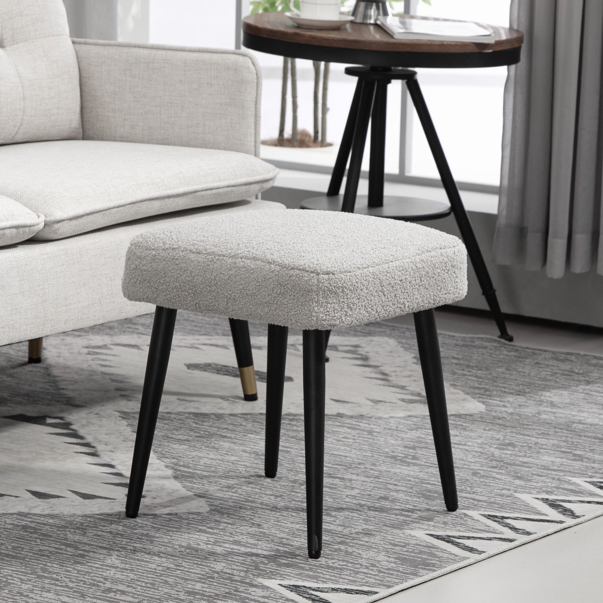 Footstool Sitting Stool Square Vanity Stool Footrest with Cashmere Look, Steel Legs, for Living Room, Bedroom, Light Gray, 42 x 42 x 47 cm