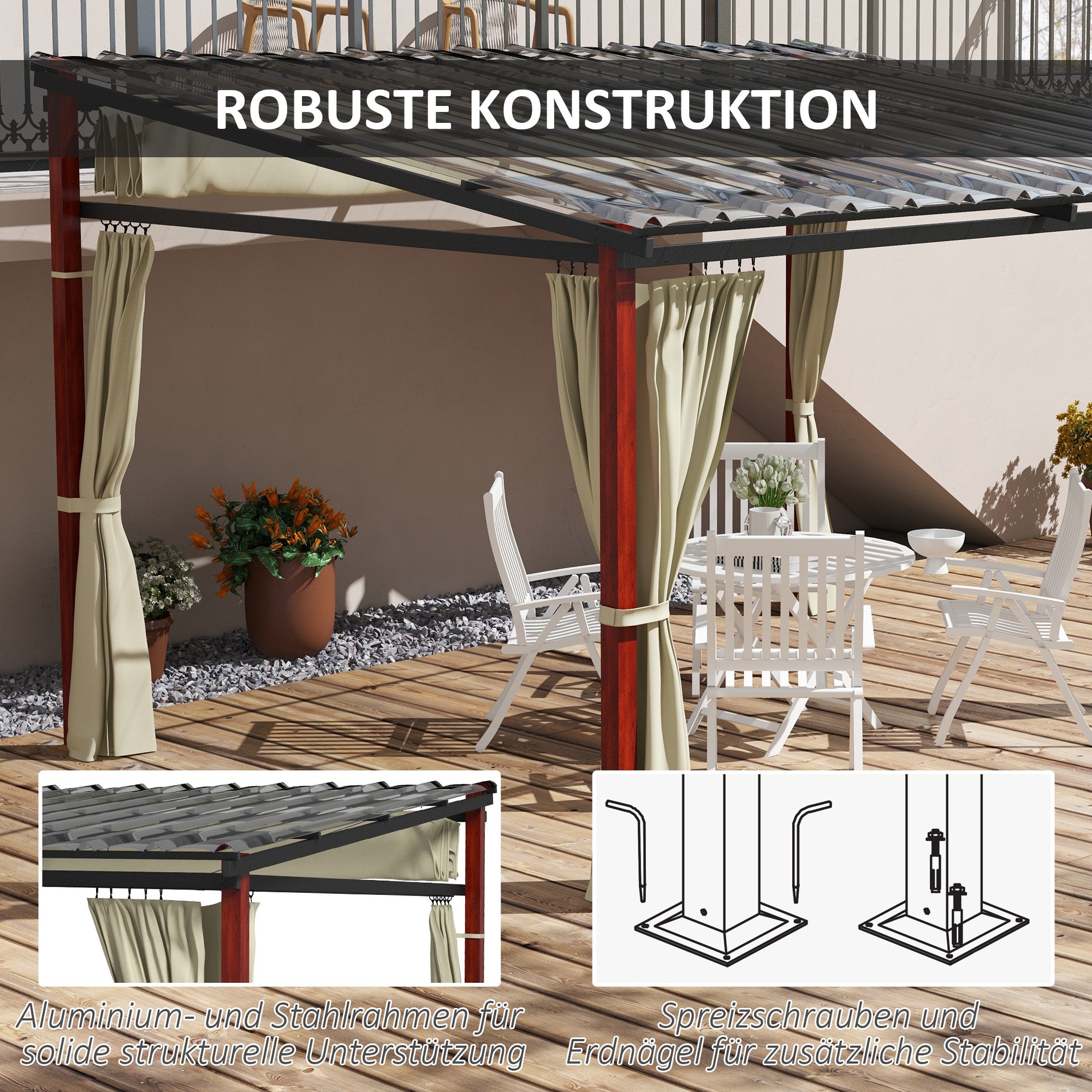 Pergola approx. 3.5 x 3 m Pavilion with Side Walls, Windproof Patio Awning, Height Adjustable Terrace Roof with Retractable Roof, for Garden, Terrace, Beige
