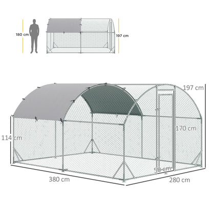 Chicken Coop Free-Range Enclosure made of Steel, 280 x 380 x 197 cm, Chicken Cage with UV-Resistant Cover, Door, Chicken Run for 6-12 Chickens, Small Animals, Silver