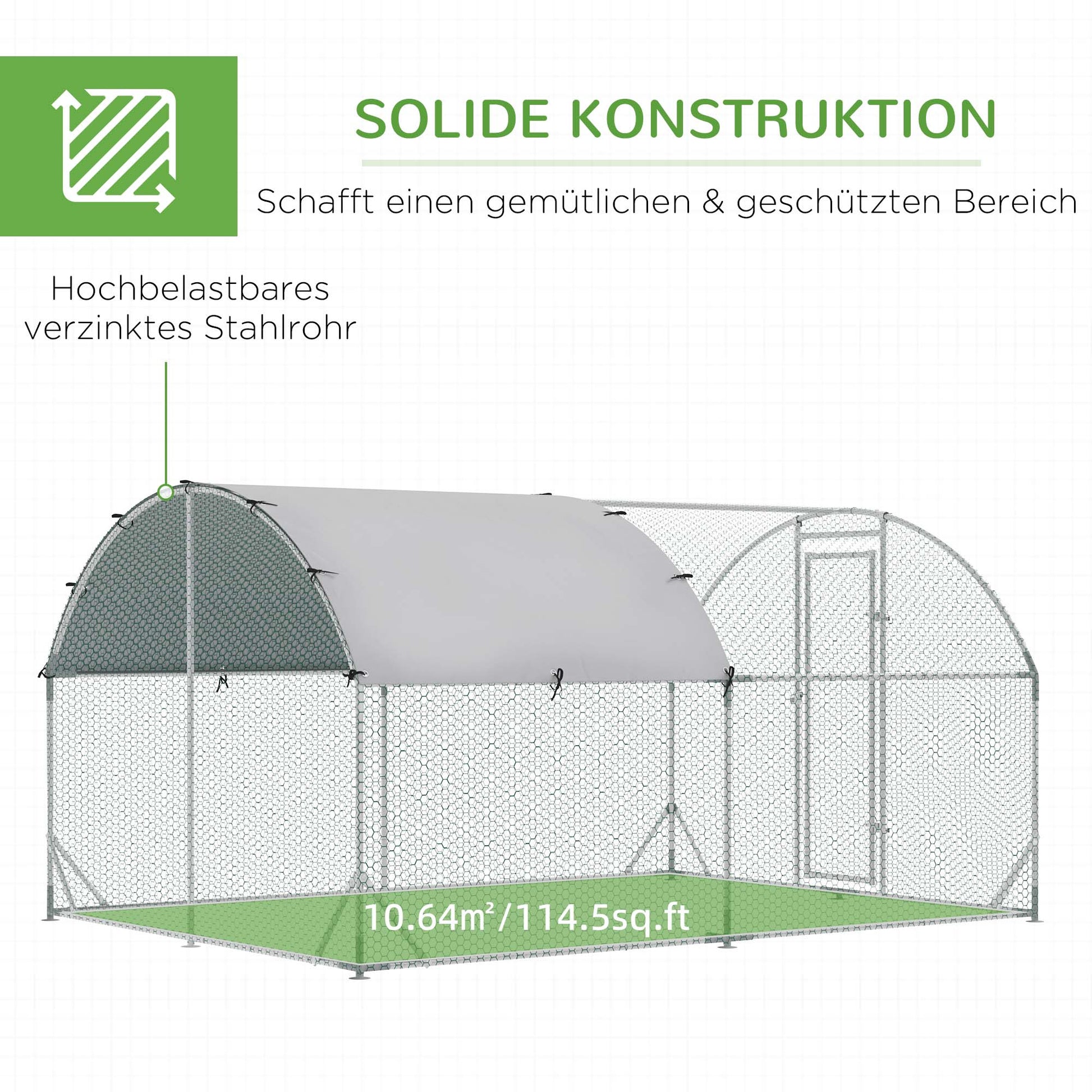 Chicken Coop Free-Range Enclosure made of Steel, 280 x 380 x 197 cm, Chicken Cage with UV-Resistant Cover, Door, Chicken Run for 6-12 Chickens, Small Animals, Silver