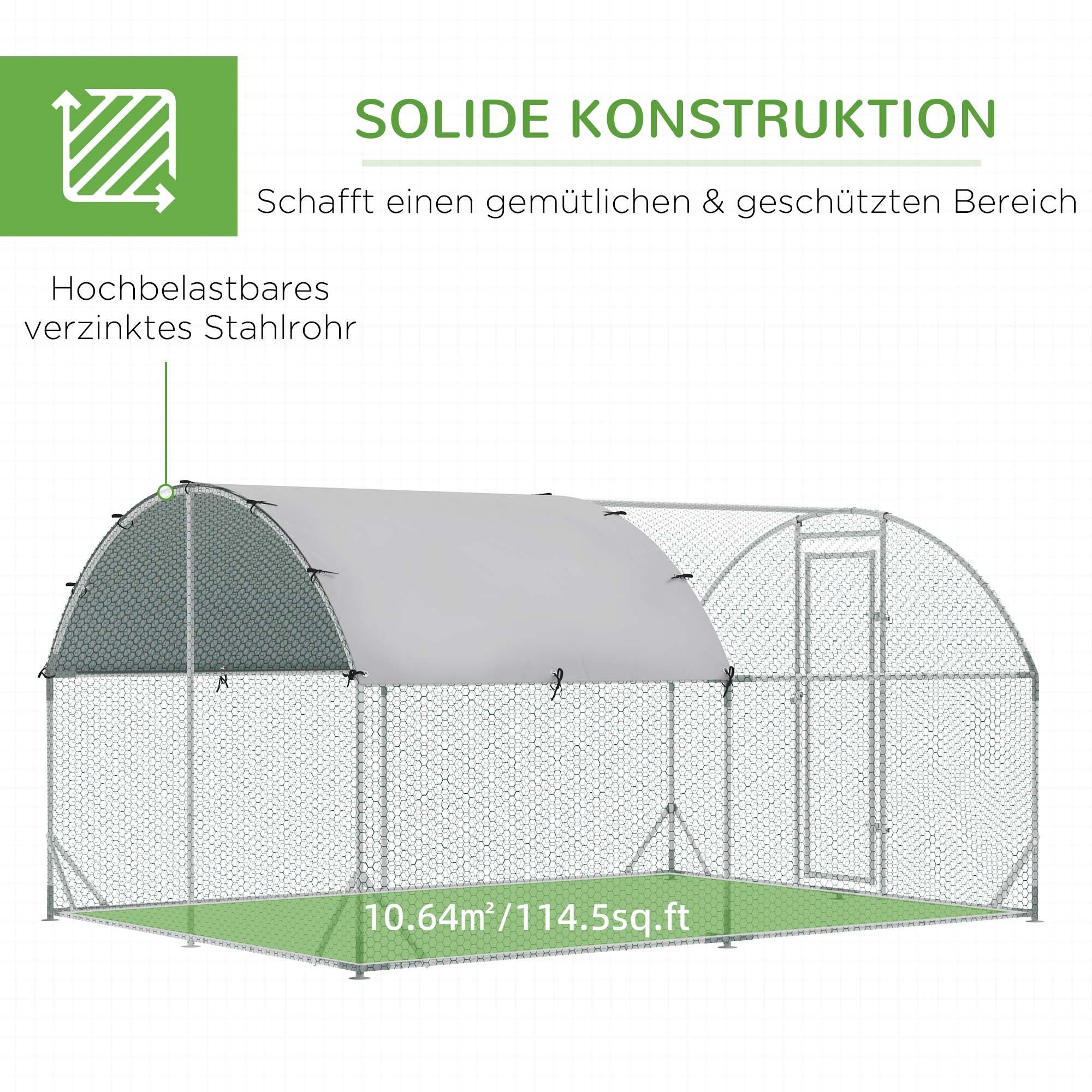 Chicken Coop Free-Range Enclosure made of Steel, 280 x 380 x 197 cm, Chicken Cage with UV-Resistant Cover, Door, Chicken Run for 6-12 Chickens, Small Animals, Silver