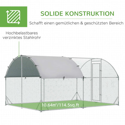 Chicken Coop Free-Range Enclosure made of Steel, 280 x 380 x 197 cm, Chicken Cage with UV-Resistant Cover, Door, Chicken Run for 6-12 Chickens, Small Animals, Silver