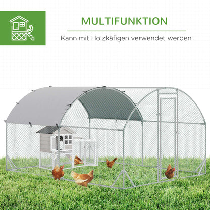 Chicken Coop Free-Range Enclosure made of Steel, 280 x 380 x 197 cm, Chicken Cage with UV-Resistant Cover, Door, Chicken Run for 6-12 Chickens, Small Animals, Silver