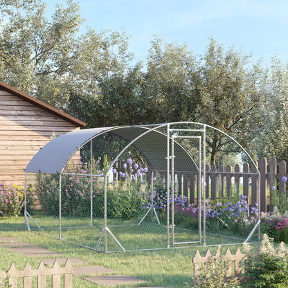 Chicken Coop Free-Range Enclosure made of Steel, 280 x 380 x 197 cm, Chicken Cage with UV-Resistant Cover, Door, Chicken Run for 6-12 Chickens, Small Animals, Silver