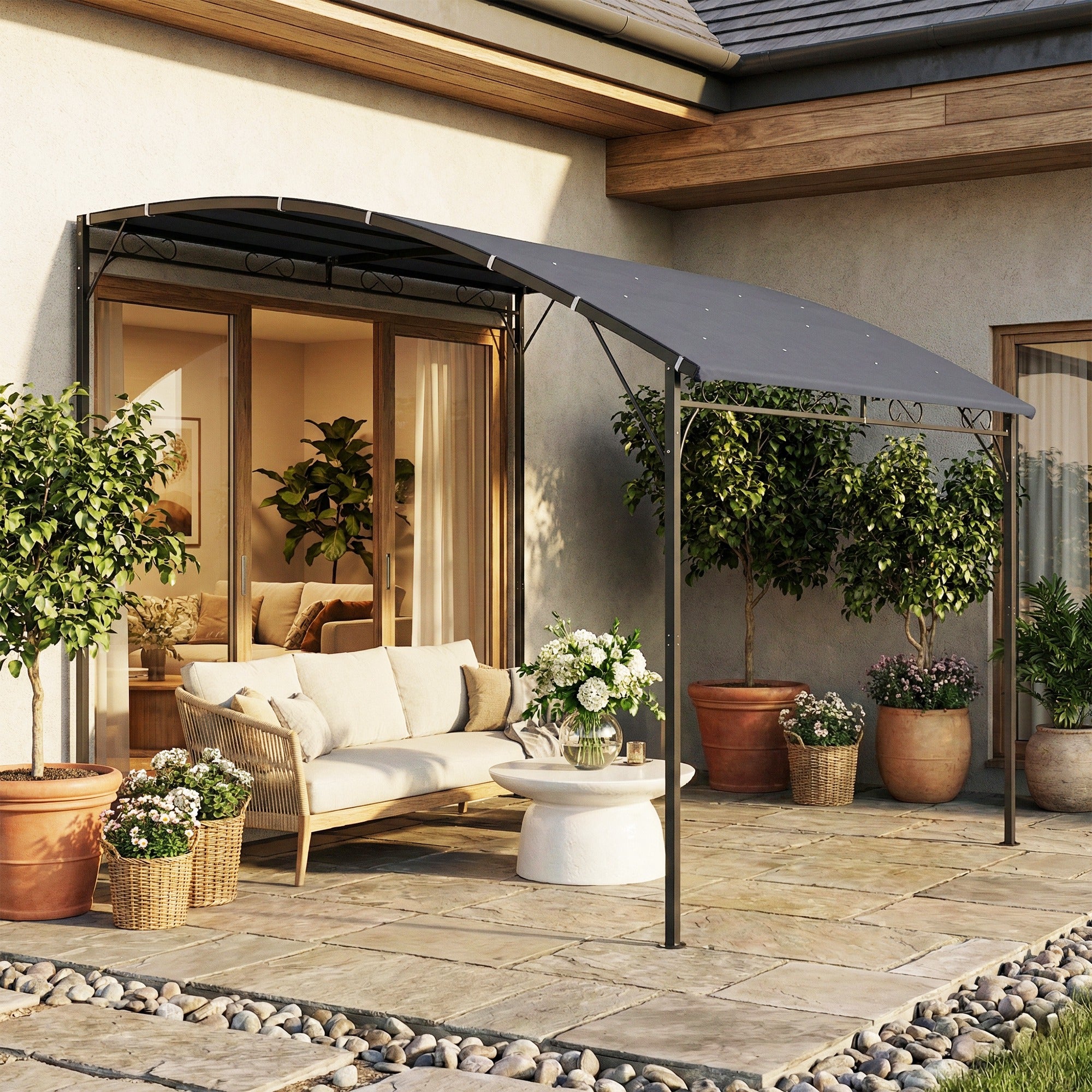 Wall-Mounted Garden Pergola, 12 ft 7 in x 9 ft 5 in — Sloped Drainage Roof, UPF30+ Waterproof Canopy, Powder-Coated Metal Frame, Gray