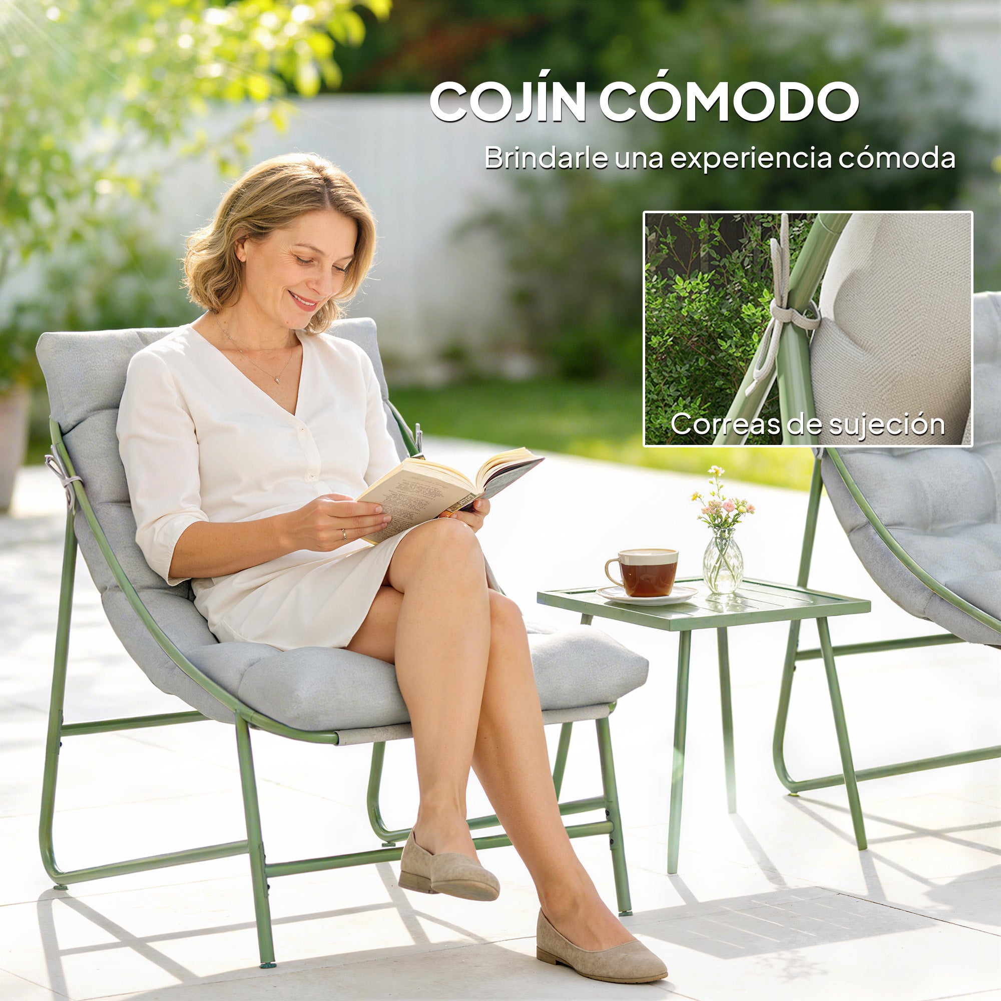 3-Piece Outdoor Patio Bistro Set with Cushions — 2 Lounge Chairs & Side Table, Powder-Coated Steel Frame, Light Gray