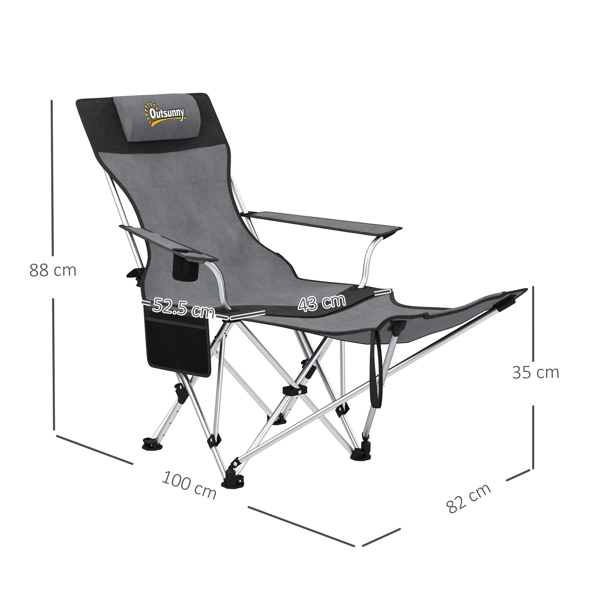 Set of 2 Folding Camping Chairs Portable Camping Loungers with Detachable Footrest Padded Headrest Cupholder and Side Bag 120 kg Load Capacity for Garden Beach Fishing Gray and Black