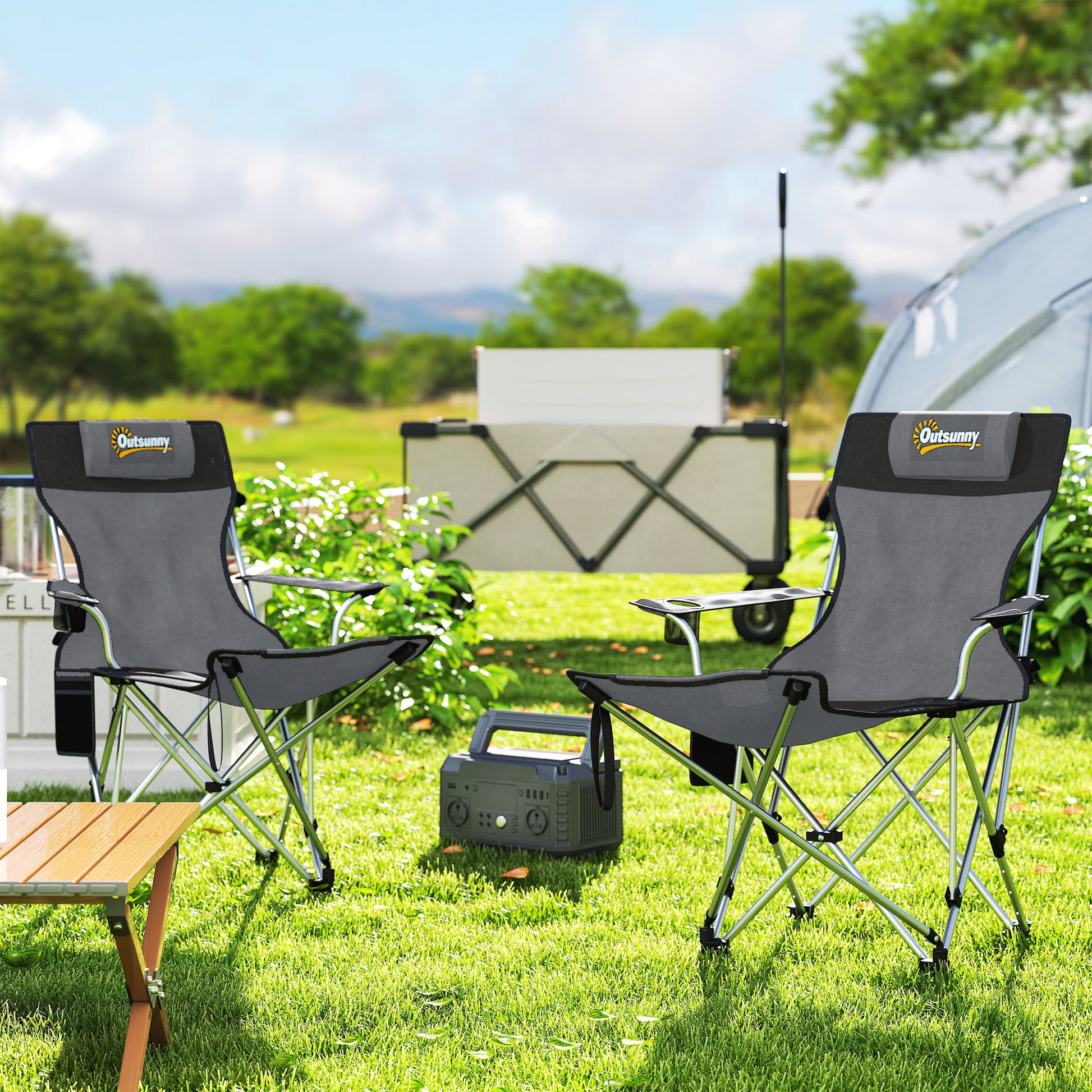 Set of 2 Folding Camping Chairs Portable Camping Loungers with Detachable Footrest Padded Headrest Cupholder and Side Bag 120 kg Load Capacity for Garden Beach Fishing Gray and Black