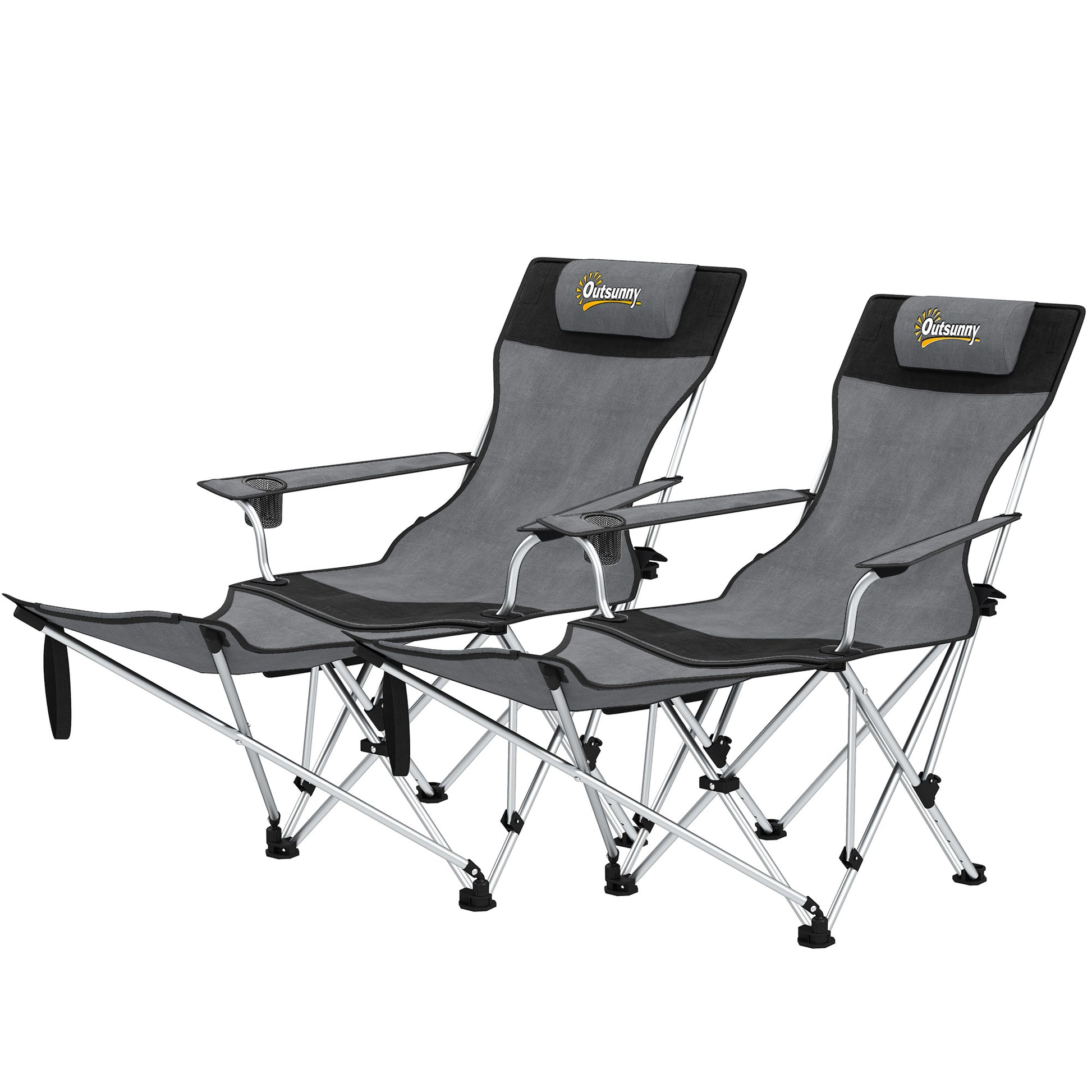 Set of 2 Folding Camping Chairs Portable Camping Loungers with Detachable Footrest Padded Headrest Cupholder and Side Bag 120 kg Load Capacity for Garden Beach Fishing Gray and Black