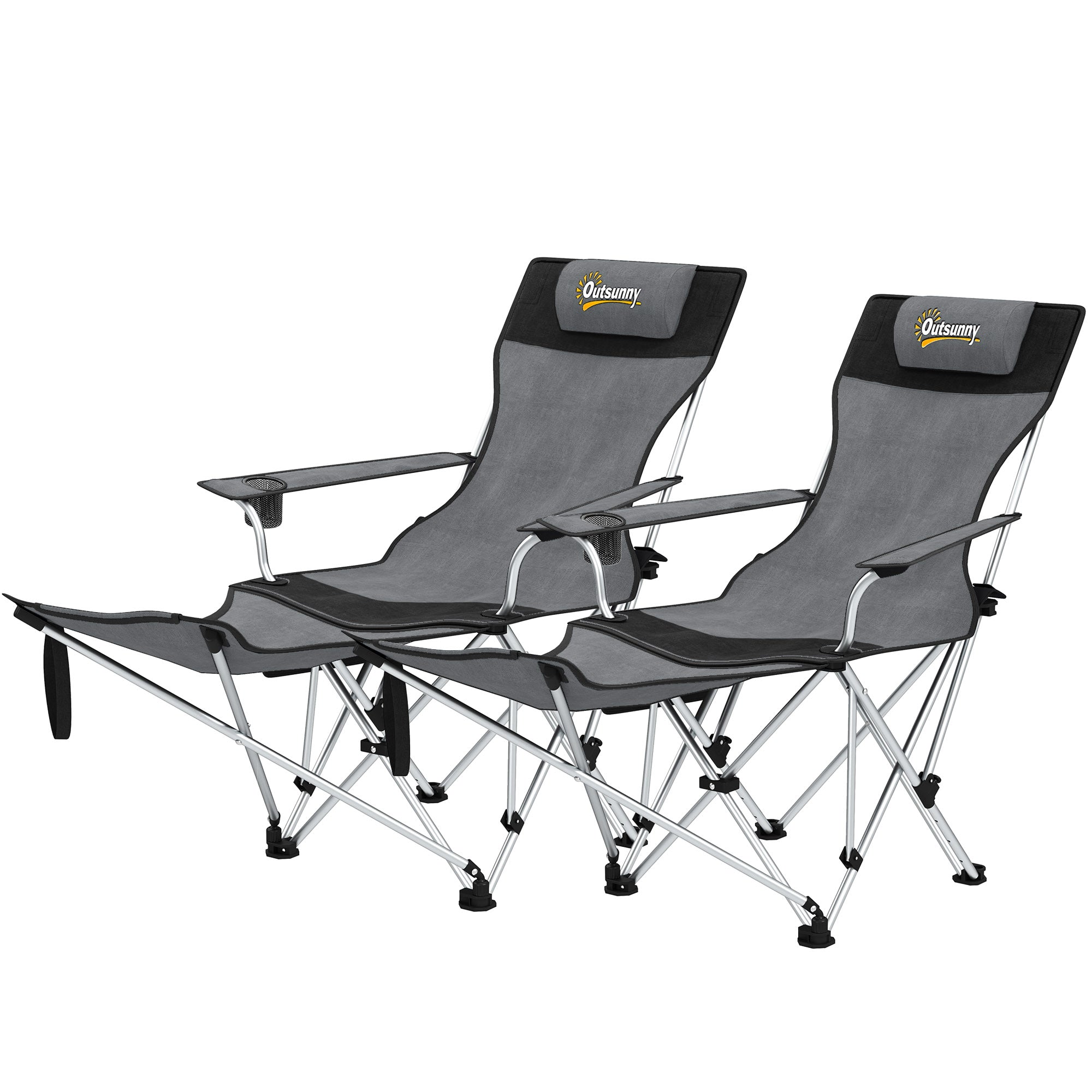 Set of 2 Folding Camping Chairs Portable Camping Loungers with Detachable Footrest Padded Headrest Cupholder and Side Bag 120 kg Load Capacity for Garden Beach Fishing Gray and Black
