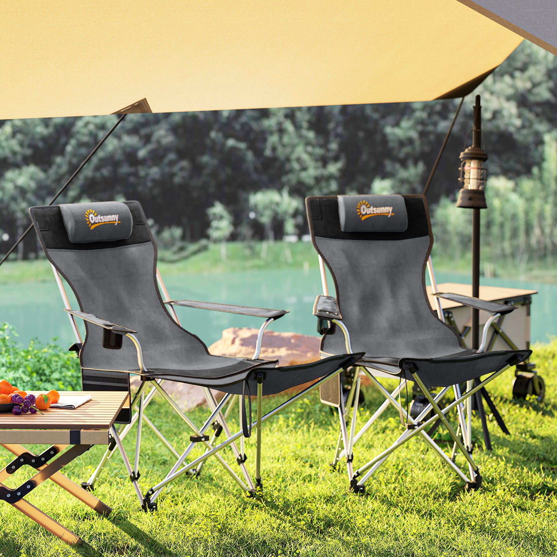 Set of 2 Folding Camping Chairs Portable Camping Loungers with Detachable Footrest Padded Headrest Cupholder and Side Bag 120 kg Load Capacity for Garden Beach Fishing Gray and Black