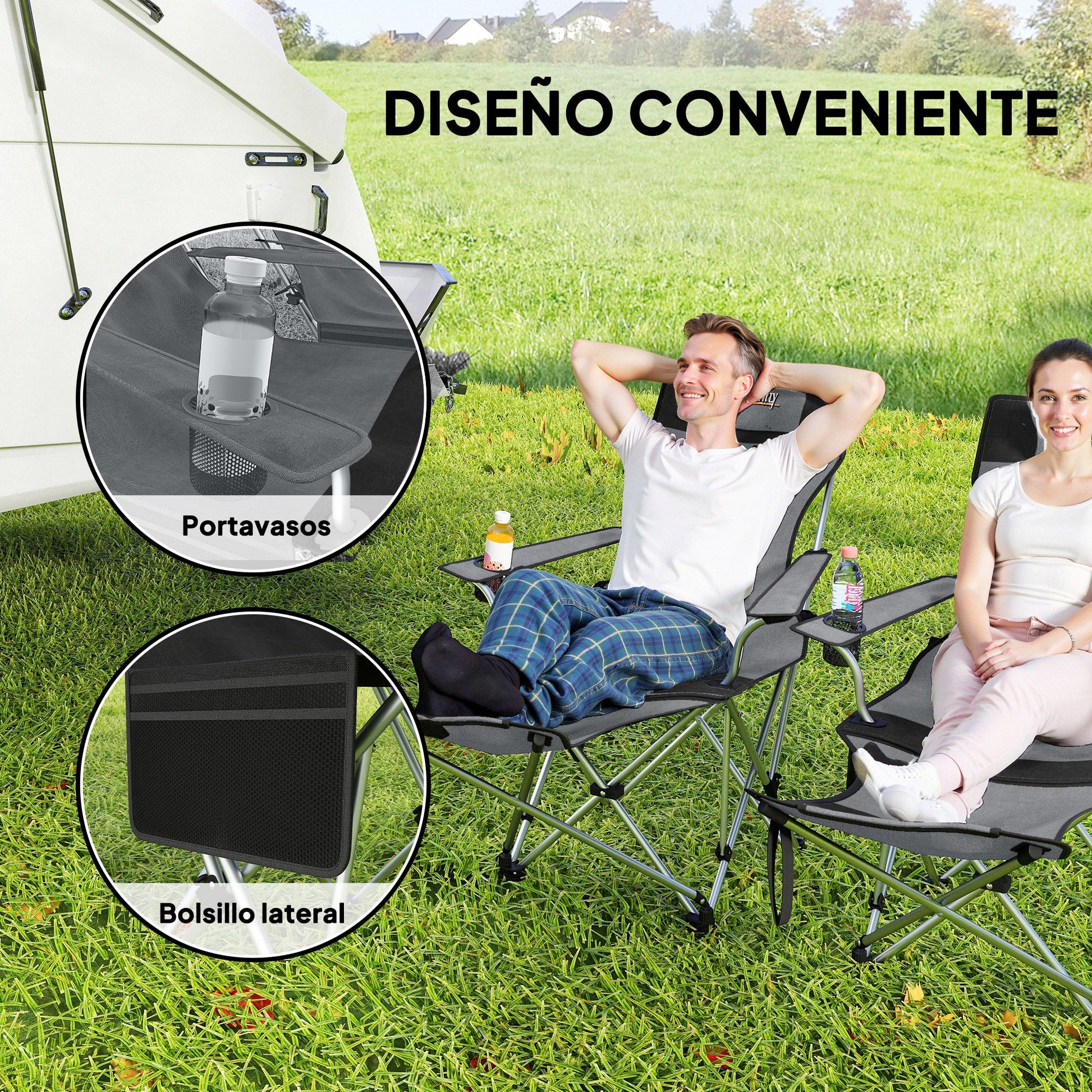 Set of 2 Folding Camping Chairs Portable Camping Loungers with Detachable Footrest Padded Headrest Cupholder and Side Bag 120 kg Load Capacity for Garden Beach Fishing Gray and Black