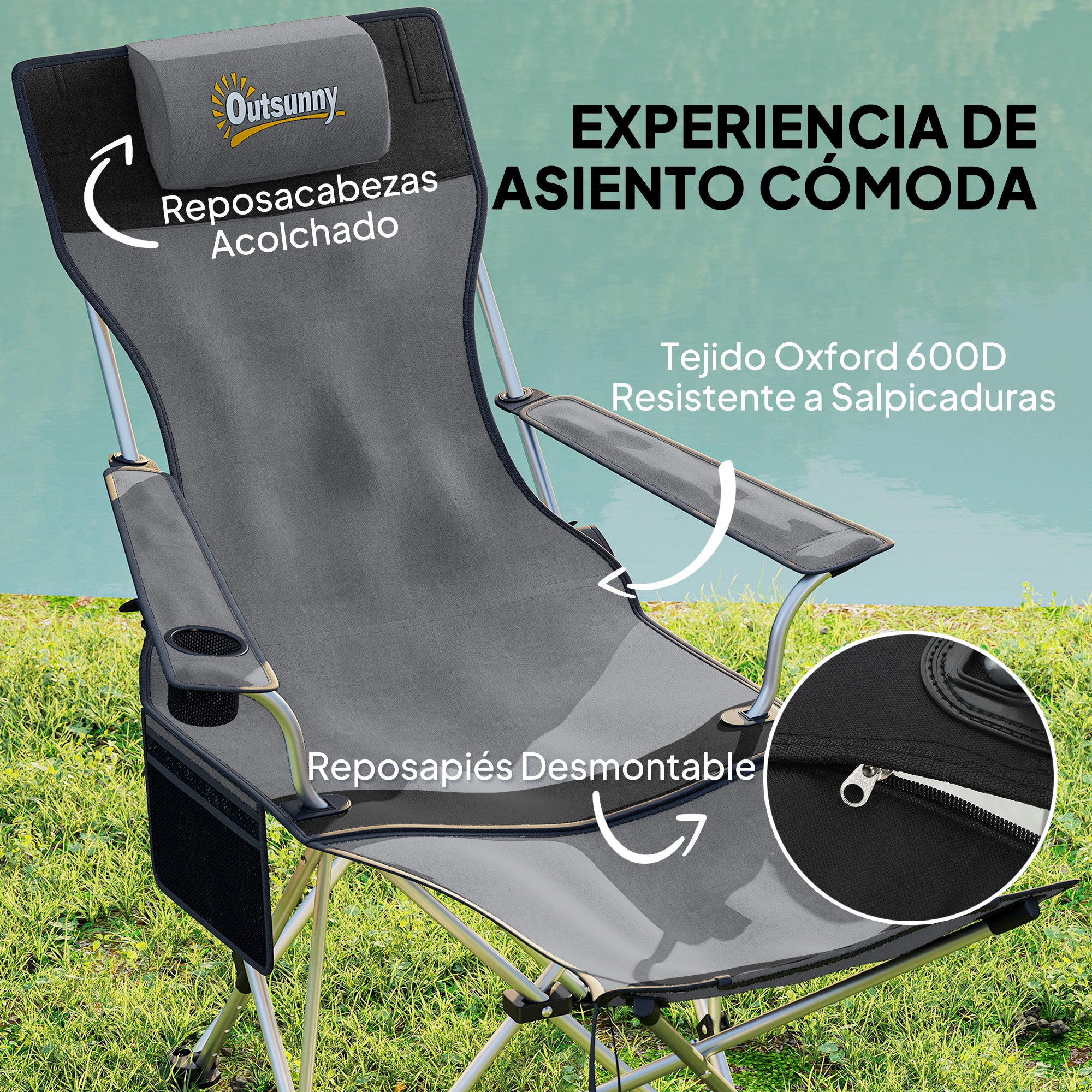 Set of 2 Folding Camping Chairs Portable Camping Loungers with Detachable Footrest Padded Headrest Cupholder and Side Bag 120 kg Load Capacity for Garden Beach Fishing Gray and Black