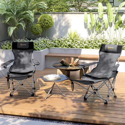 Set of 2 Folding Camping Chairs Portable Camping Loungers with Detachable Footrest Padded Headrest Cupholder and Side Bag 120 kg Load Capacity for Garden Beach Fishing Gray and Black