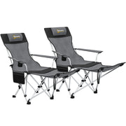 Set of 2 Folding Camping Chairs Portable Camping Loungers with Detachable Footrest Padded Headrest Cupholder and Side Bag 120 kg Load Capacity for Garden Beach Fishing Gray and Black
