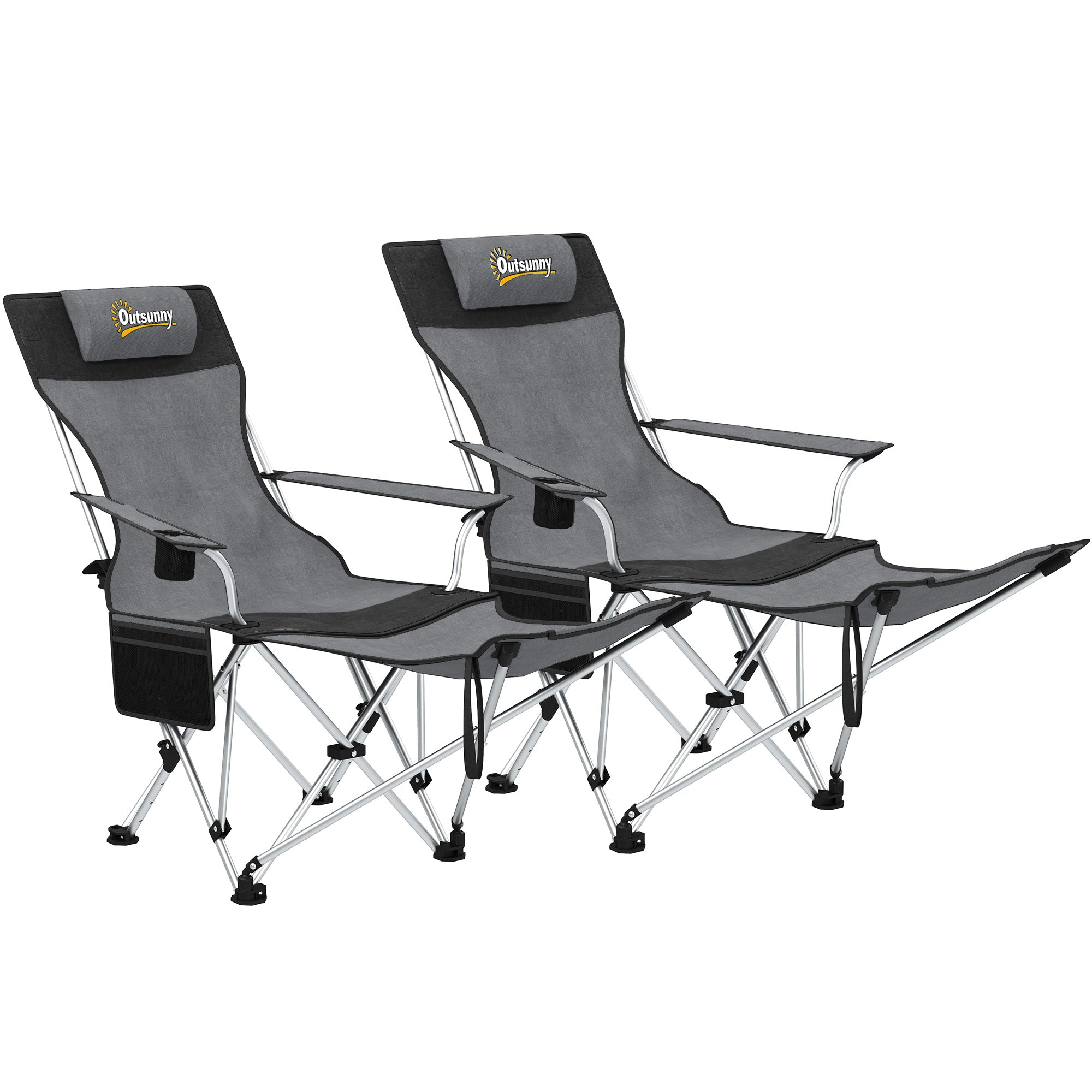 Set of 2 Folding Camping Chairs Portable Camping Loungers with Detachable Footrest Padded Headrest Cupholder and Side Bag 120 kg Load Capacity for Garden Beach Fishing Gray and Black