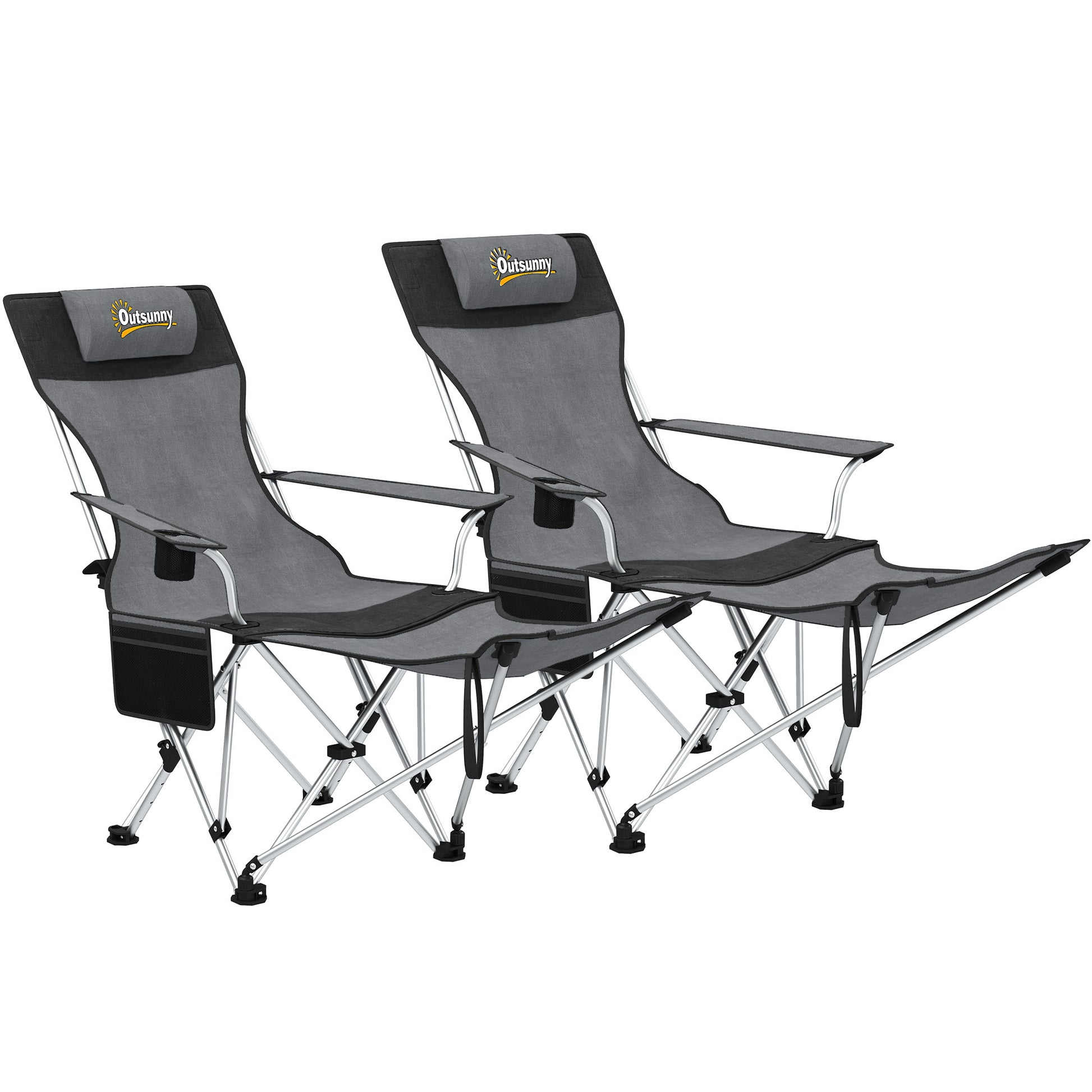 Set of 2 Folding Camping Chairs Portable Camping Loungers with Detachable Footrest Padded Headrest Cupholder and Side Bag 120 kg Load Capacity for Garden Beach Fishing Gray and Black