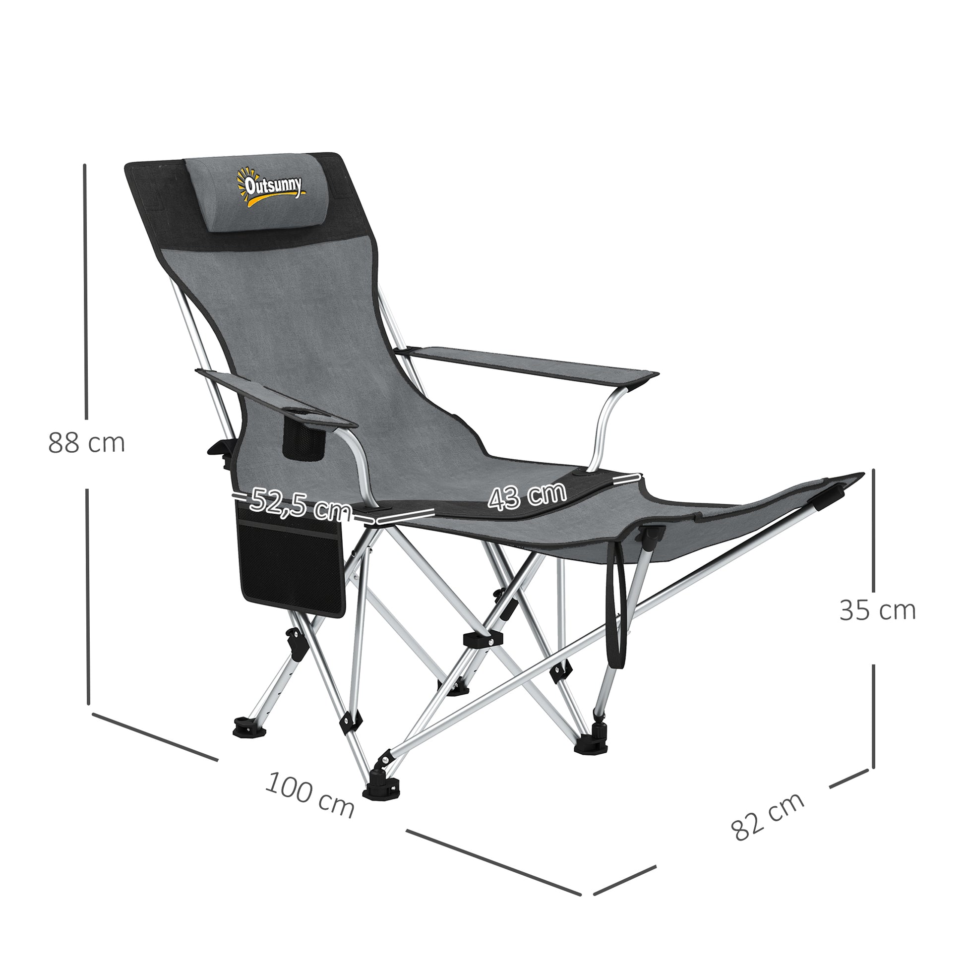 Set of 2 Folding Camping Chairs Portable Camping Loungers with Detachable Footrest Padded Headrest Cupholder and Side Bag 120 kg Load Capacity for Garden Beach Fishing Gray and Black