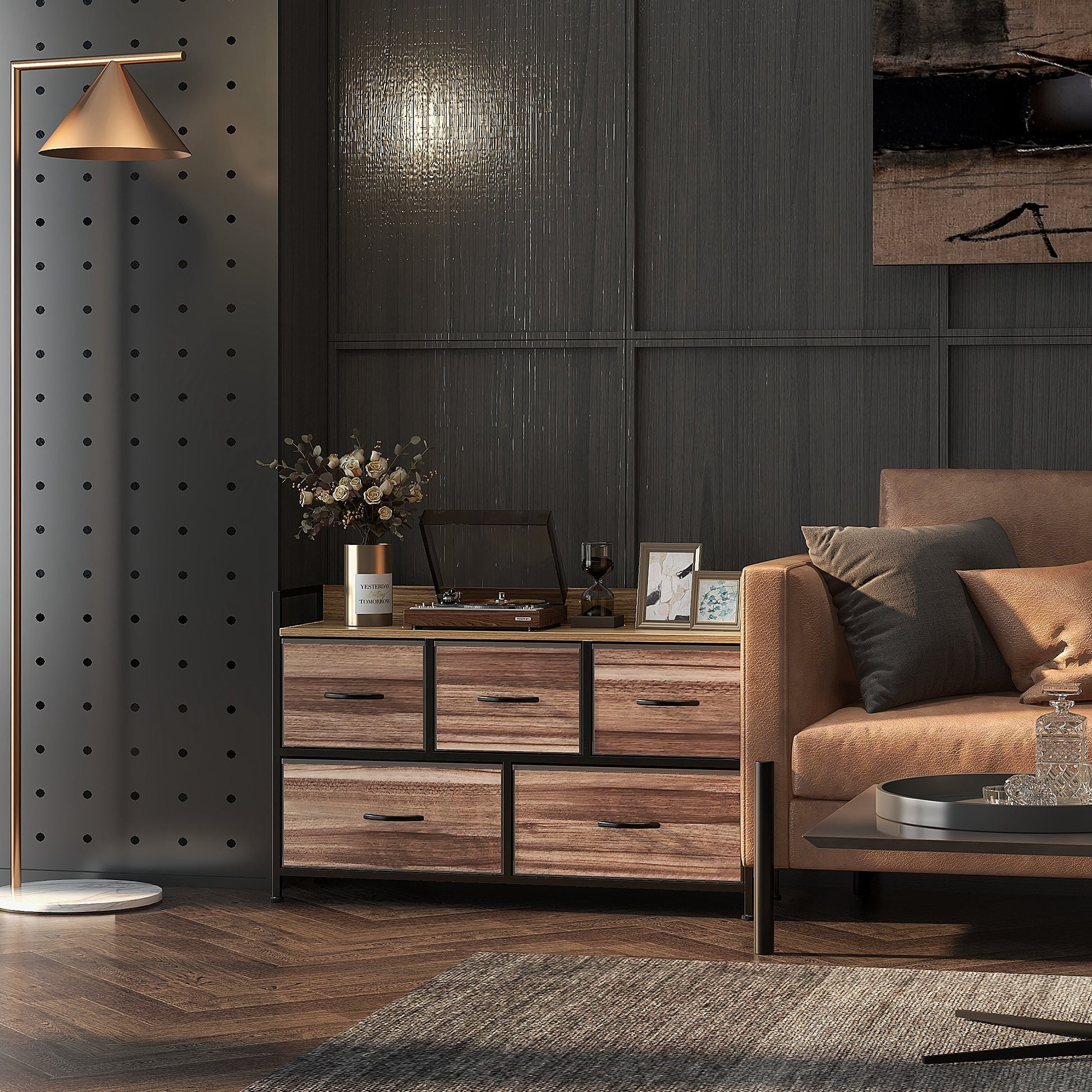 Chest of Drawers Storage Unit with 5 Fabric Drawers 98 x 29 x 63 cm, Black Steel Frame