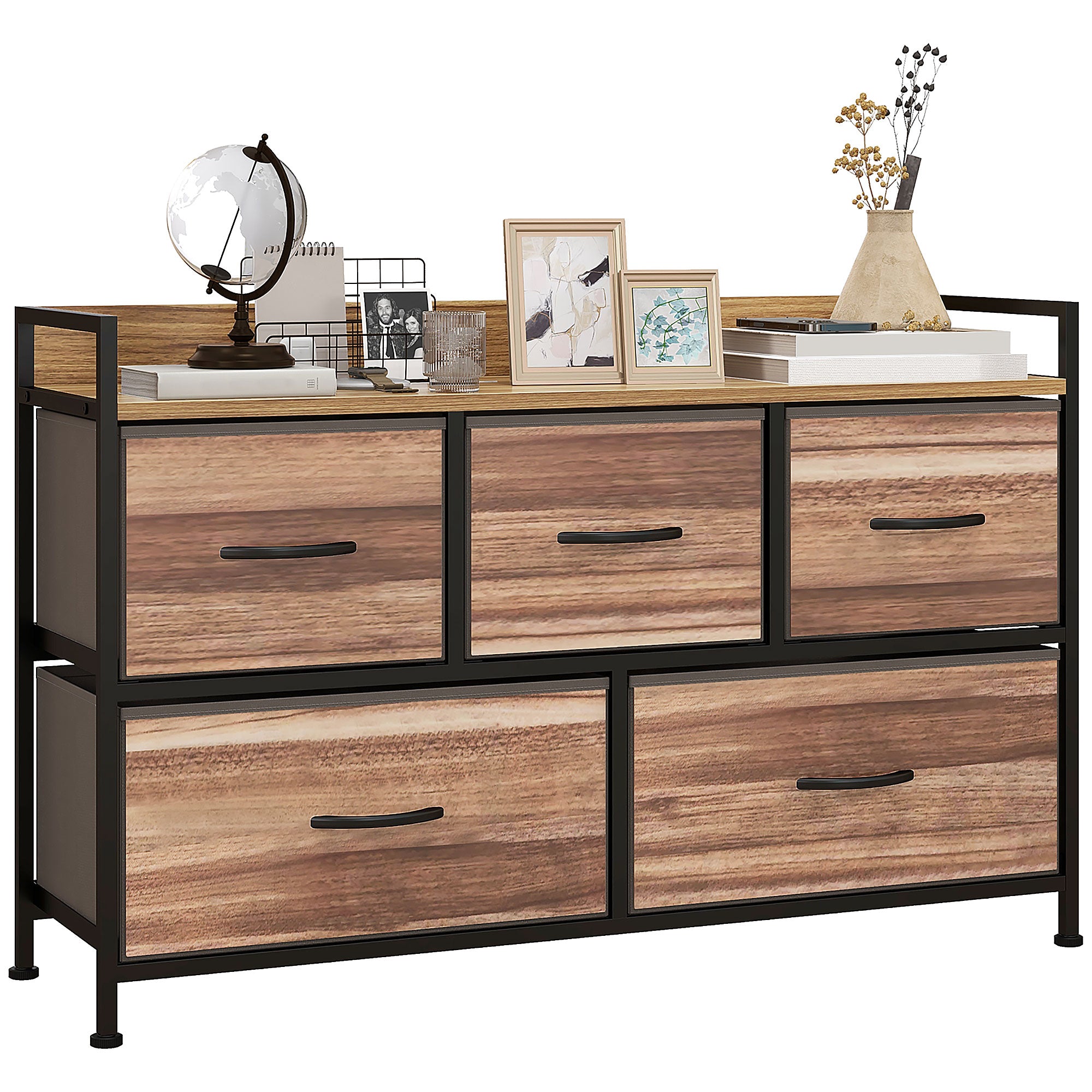 Chest of Drawers Storage Unit with 5 Fabric Drawers 98 x 29 x 63 cm, Black Steel Frame