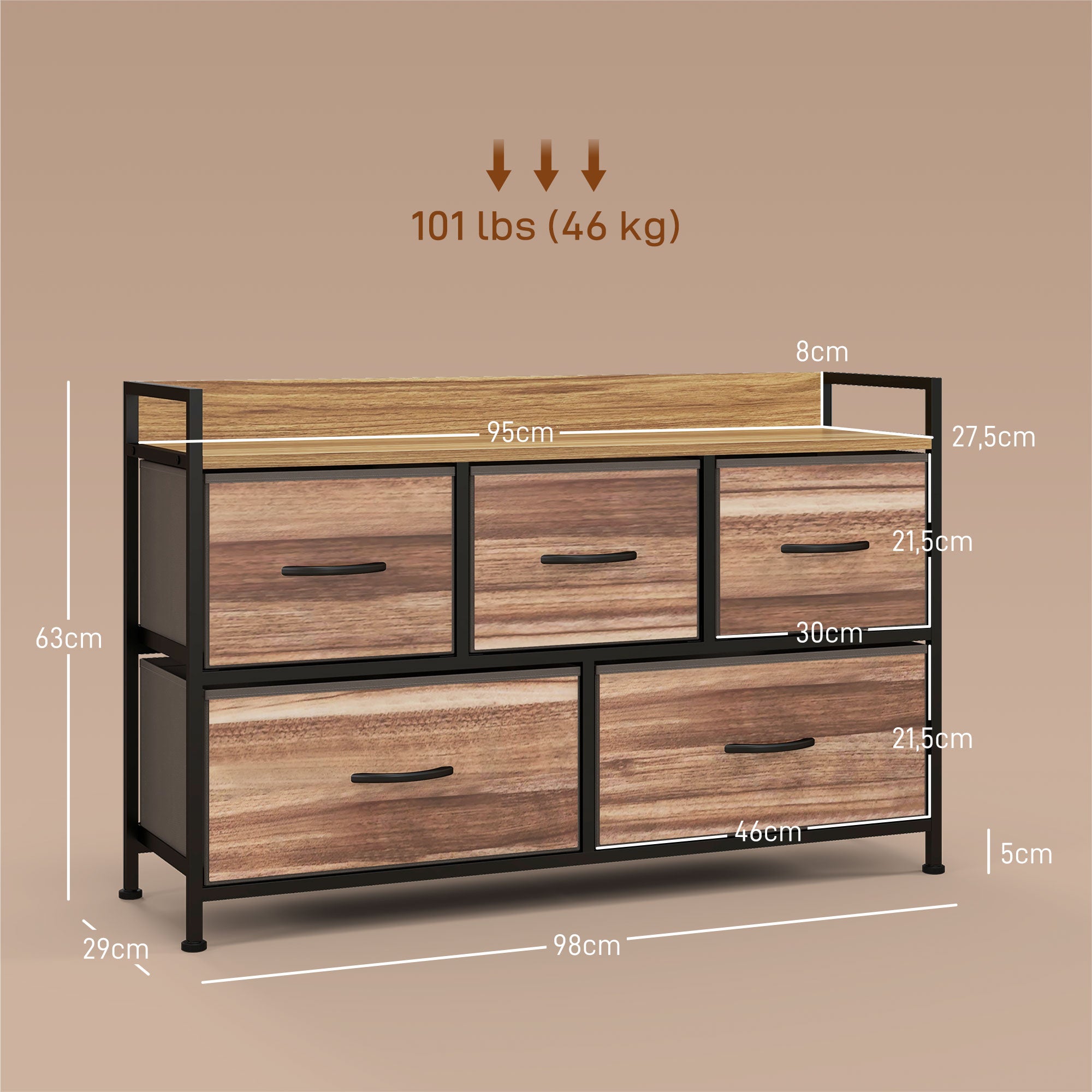 Chest of Drawers Storage Unit with 5 Fabric Drawers 98 x 29 x 63 cm, Black Steel Frame