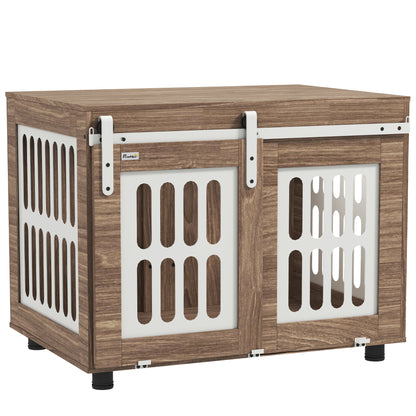 Walnut Dog Crate Furniture with Sliding Door, Medium-Sized Dog House, Good Ventilation, Side Table with Adjustable Feet, 80 x 59 x 63 cm