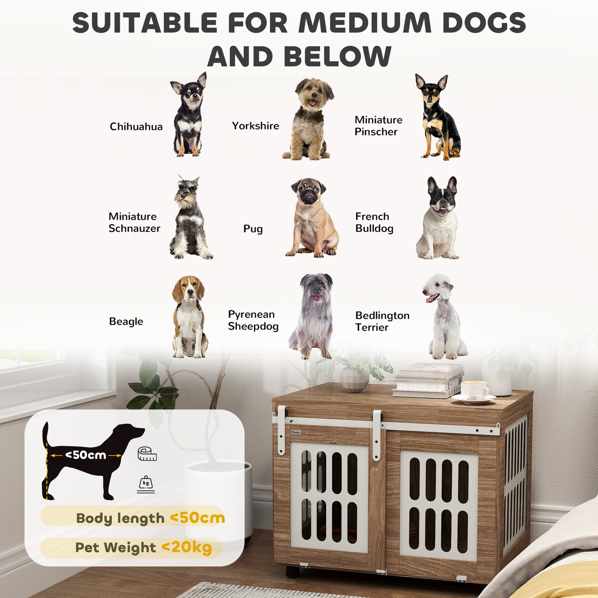 Walnut Dog Crate Furniture with Sliding Door, Medium-Sized Dog House, Good Ventilation, Side Table with Adjustable Feet, 80 x 59 x 63 cm